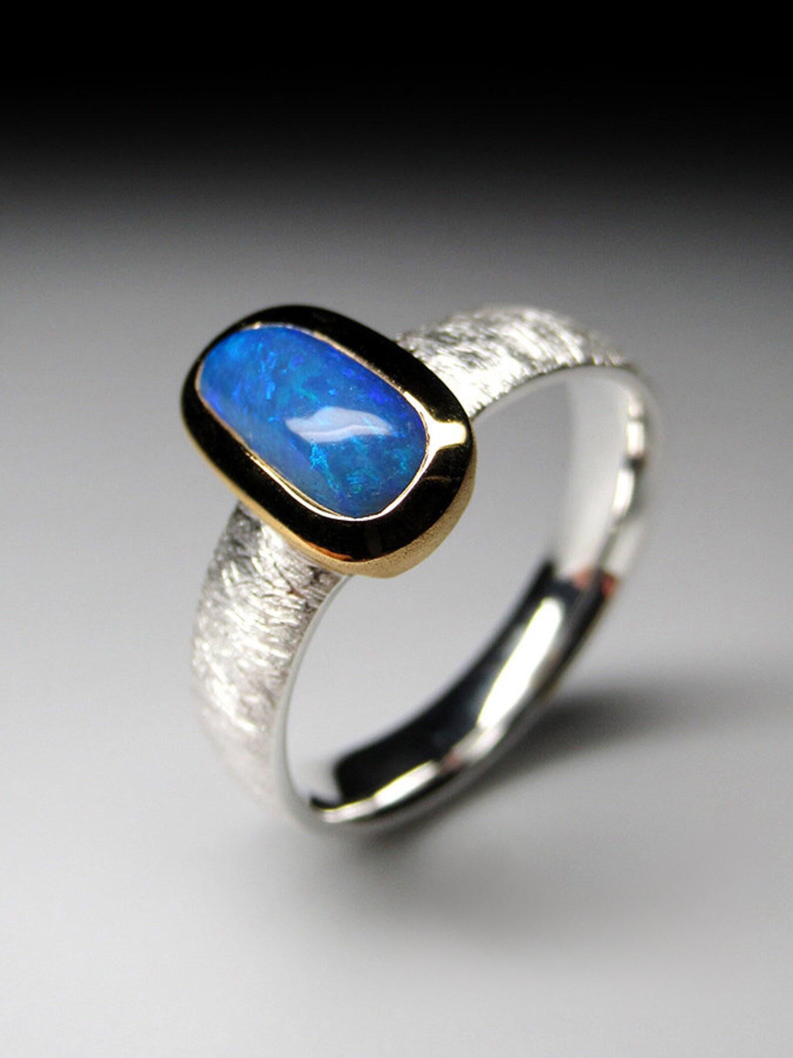 Boulder Opal 18K Gold Silver Ring Natural Blue opal gemstone gift for wife In New Condition For Sale In Berlin, DE