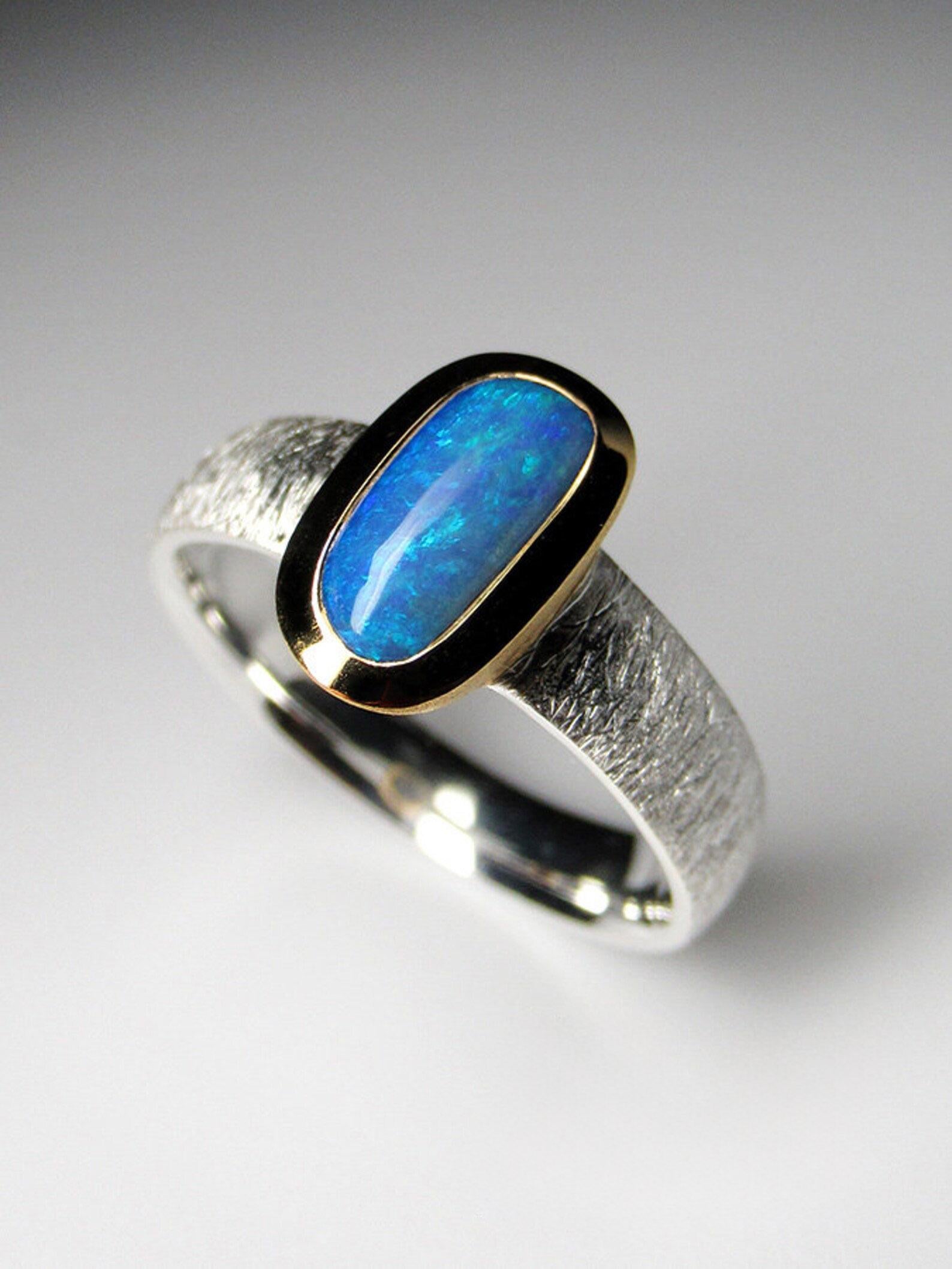 Women's or Men's Boulder Opal 18K Gold Silver Ring Natural Blue opal gemstone gift for wife For Sale
