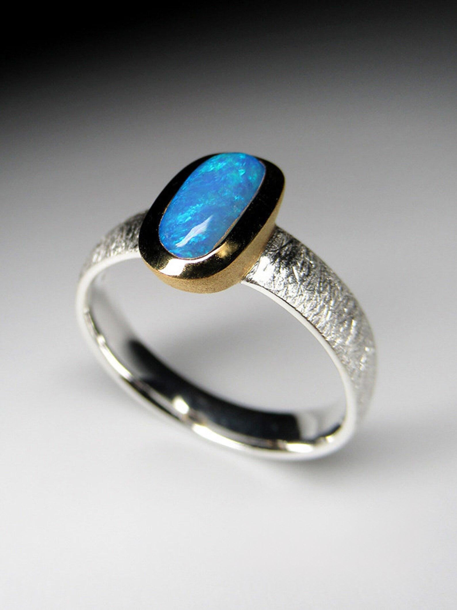 Boulder Opal 18K Gold Silver Ring Natural Blue opal gemstone gift for wife For Sale 1