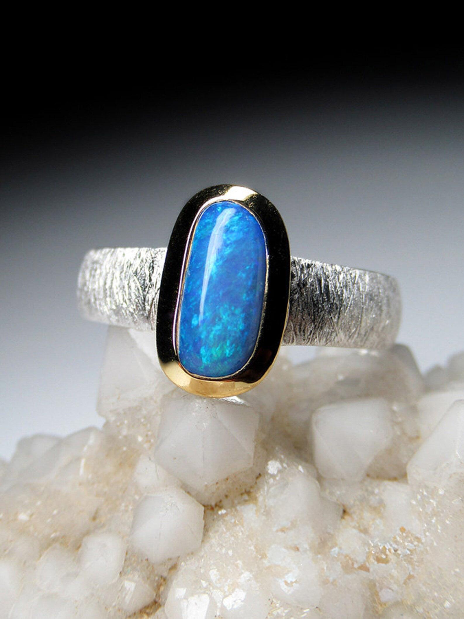 Boulder Opal 18K Gold Silver Ring Natural Blue opal gemstone gift for wife For Sale 2