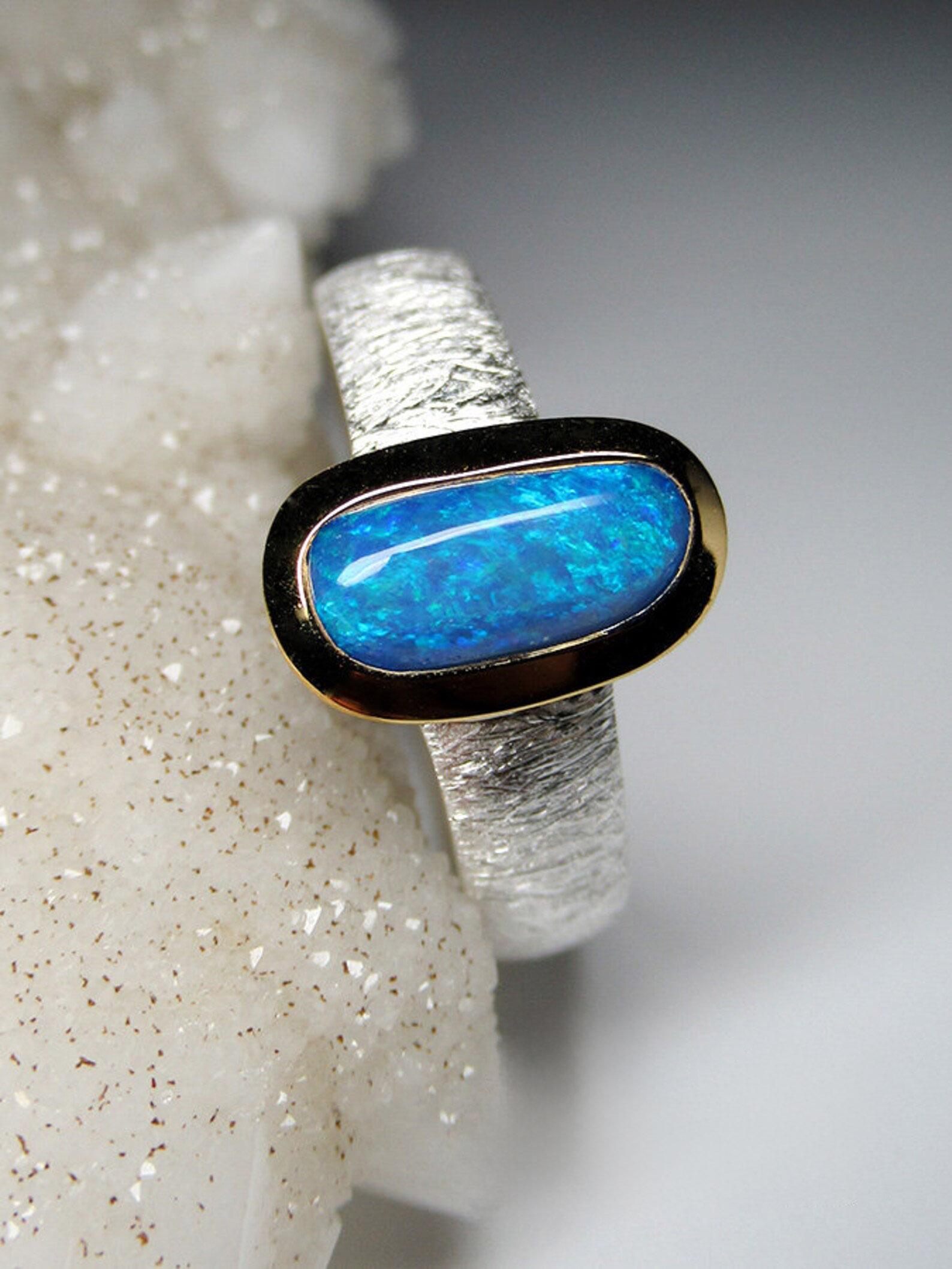 Boulder Opal 18K Gold Silver Ring Natural Blue opal gemstone gift for wife For Sale 3