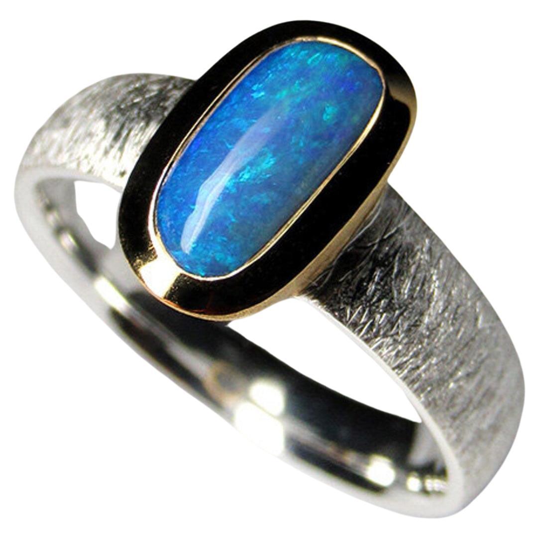 Boulder Opal 18K Gold Silver Ring Natural Blue opal gemstone gift for wife For Sale