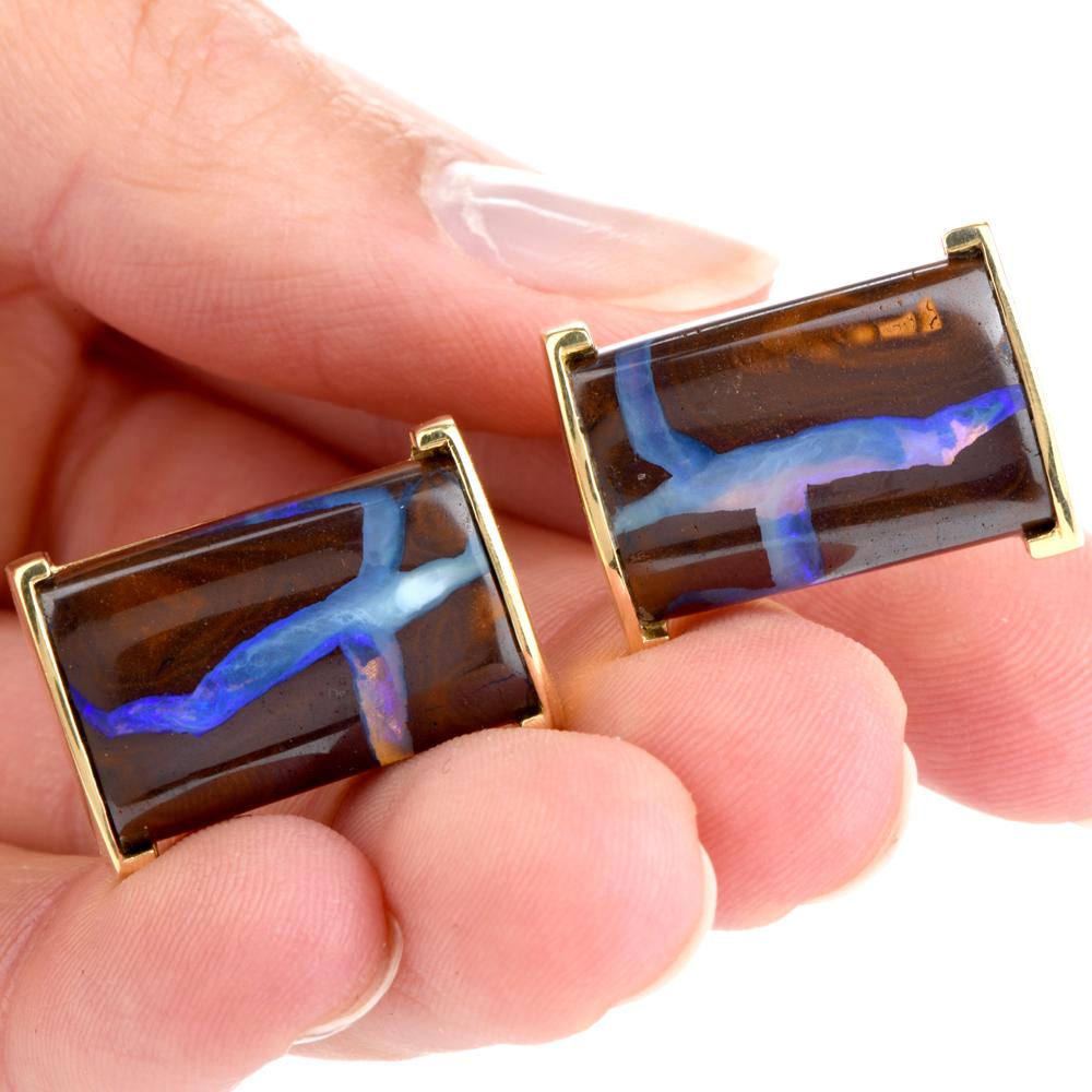 Boulder Opal 18 Karat Yellow Gold Men’s Cufflinks In Excellent Condition For Sale In Miami, FL