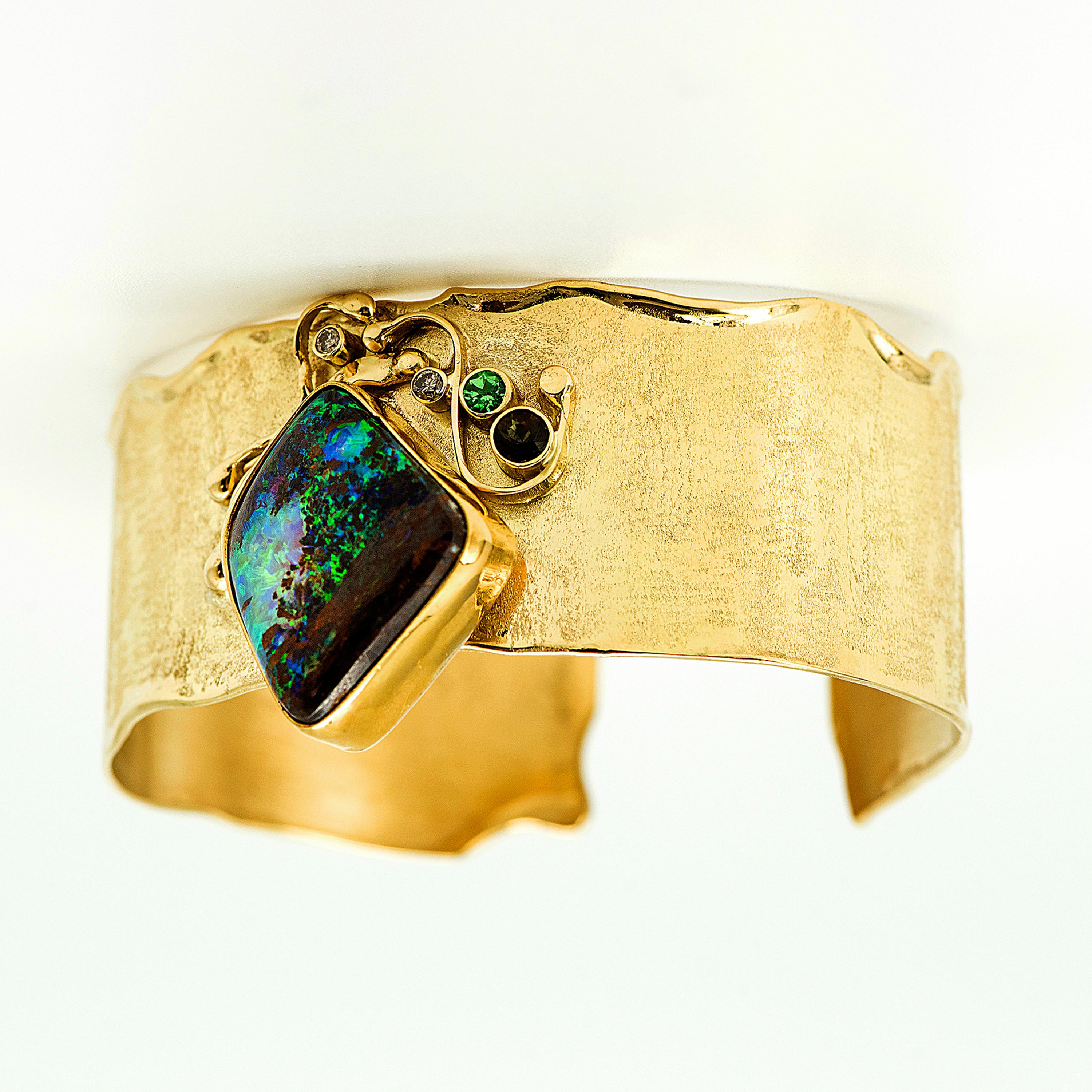 Artisan Boulder Opal 22k 18k Gold Cuff Bracelet Diamond Tsavorite Garnet Andalusite