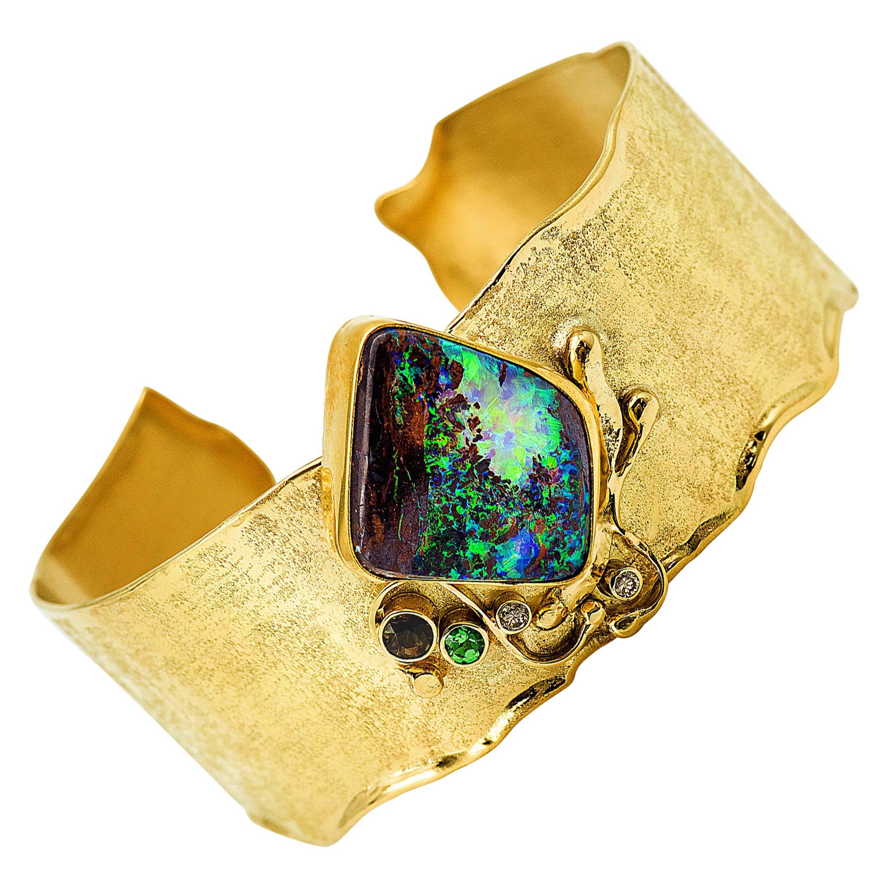 Boulder Opal 22k 18k Gold Cuff Bracelet Diamond Tsavorite Garnet Andalusite