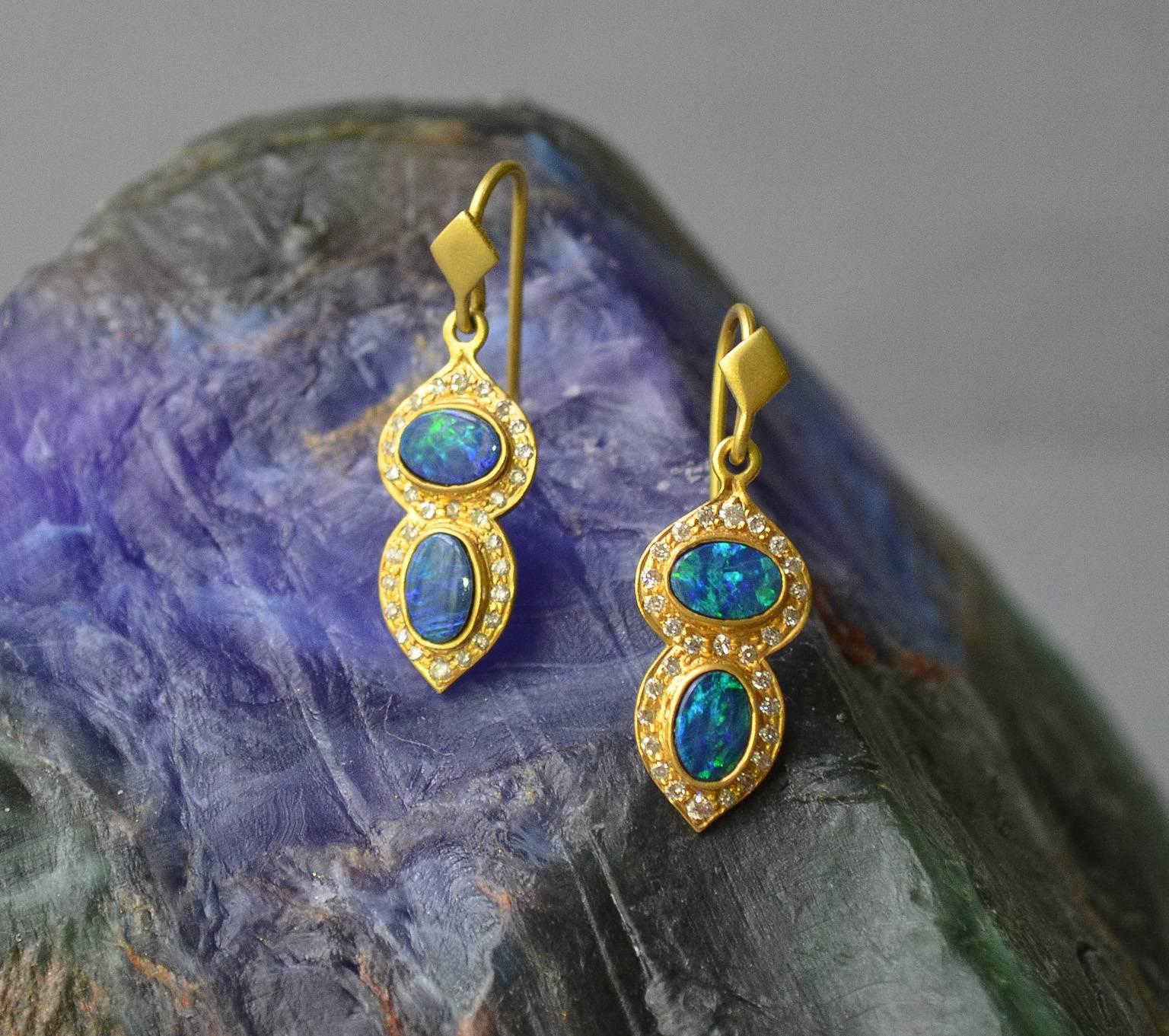 Women's Boulder Opal .32 Carat Diamond Gold Earrings by Lauren Harper