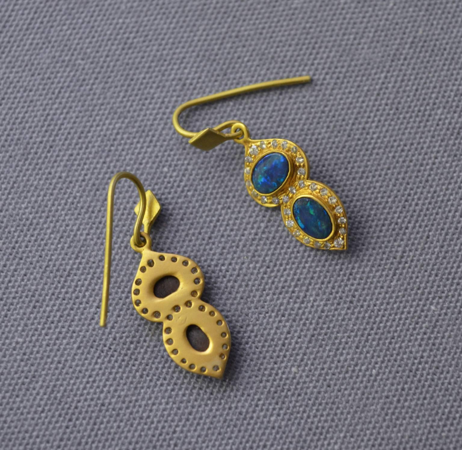 Boulder Opal .32 Carat Diamond Gold Earrings by Lauren Harper 1