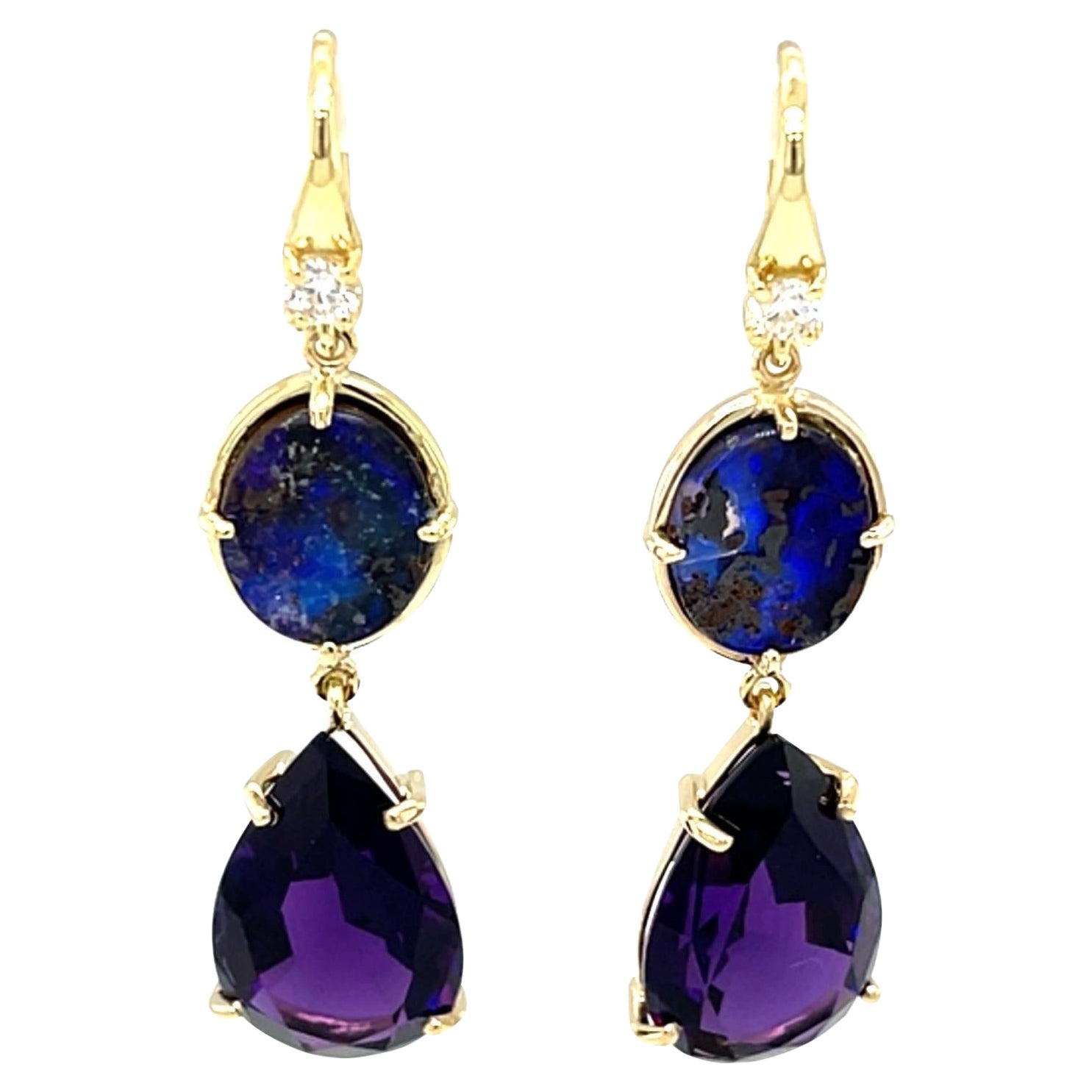 Pendientes Colgantes de Ópalo de Boulder, Amatista, Pera y Diamante en Oro Amarillo de 18k en venta
