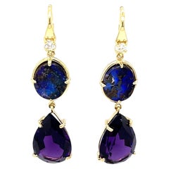 Boulder Opal, Amethyst Pear and Diamond Dangle Earrings in 18k Yellow Gold