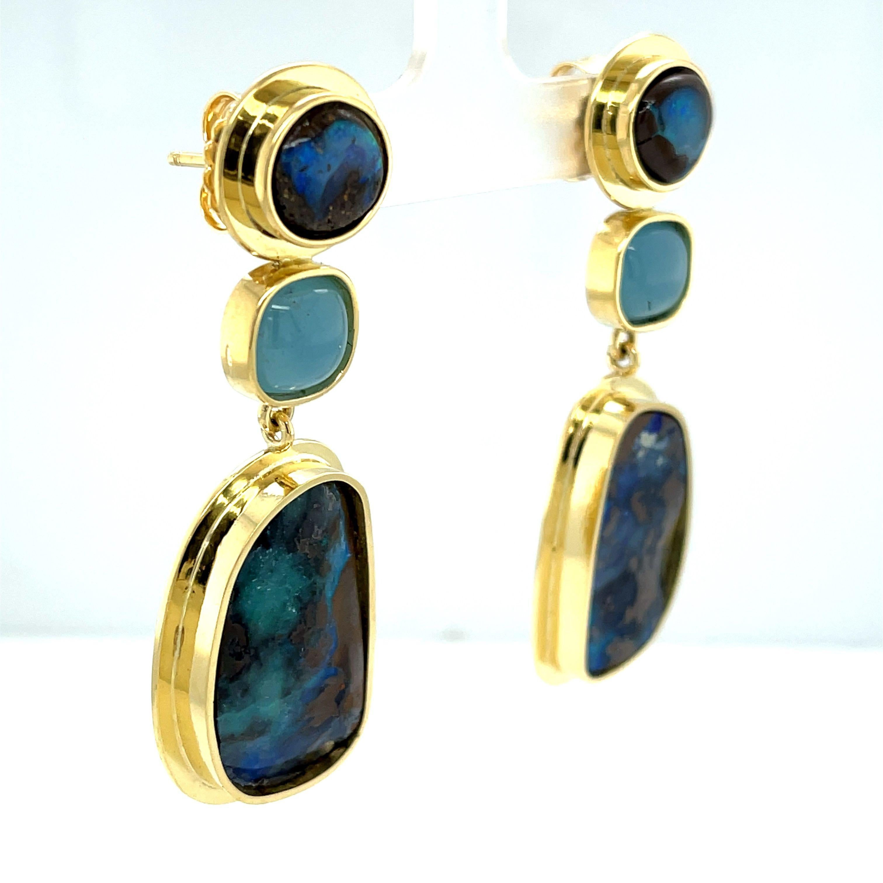 Artisan Boulder Opal and Aquamarine Bezel Set Dangle Earrings in Yellow Gold