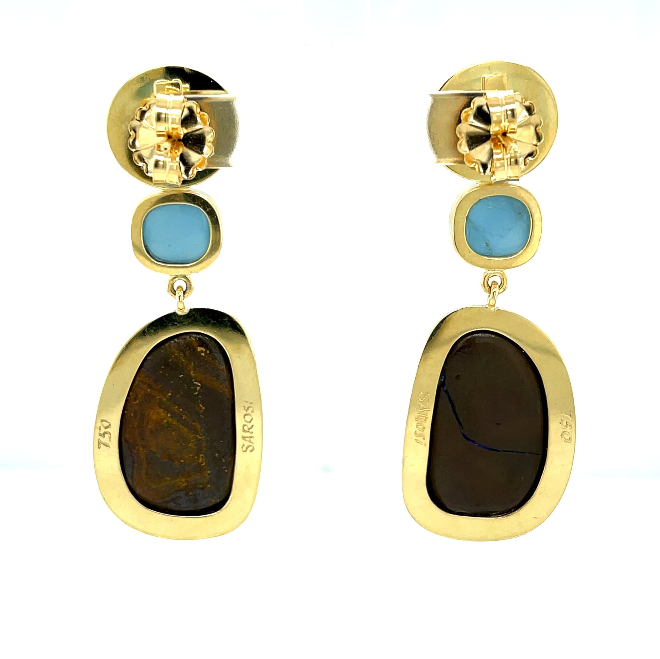 Boulder Opal and Aquamarine Bezel Set Dangle Earrings in Yellow Gold In New Condition In Los Angeles, CA