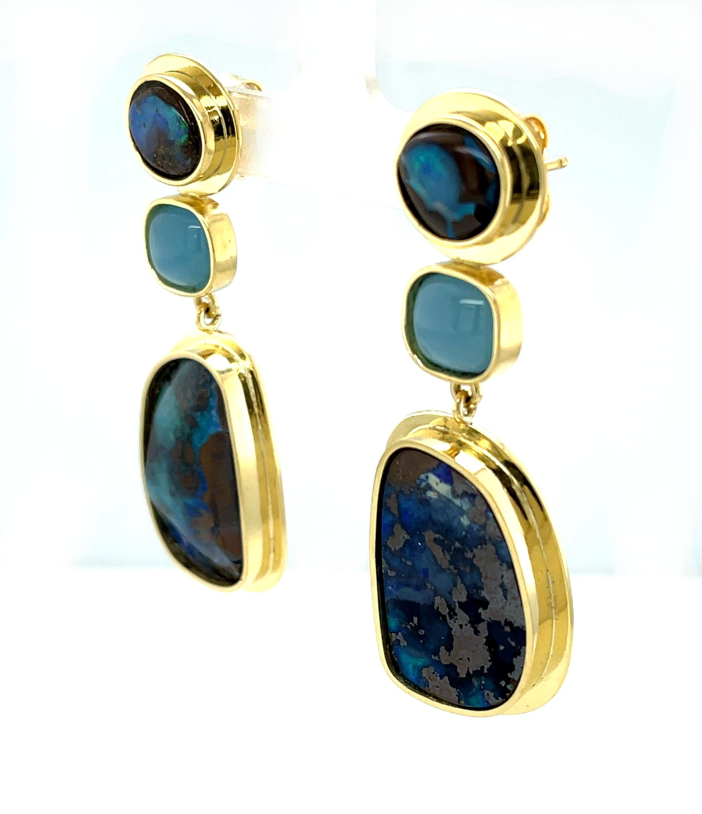 Women's or Men's Boulder Opal and Aquamarine Bezel Set Dangle Earrings in Yellow Gold