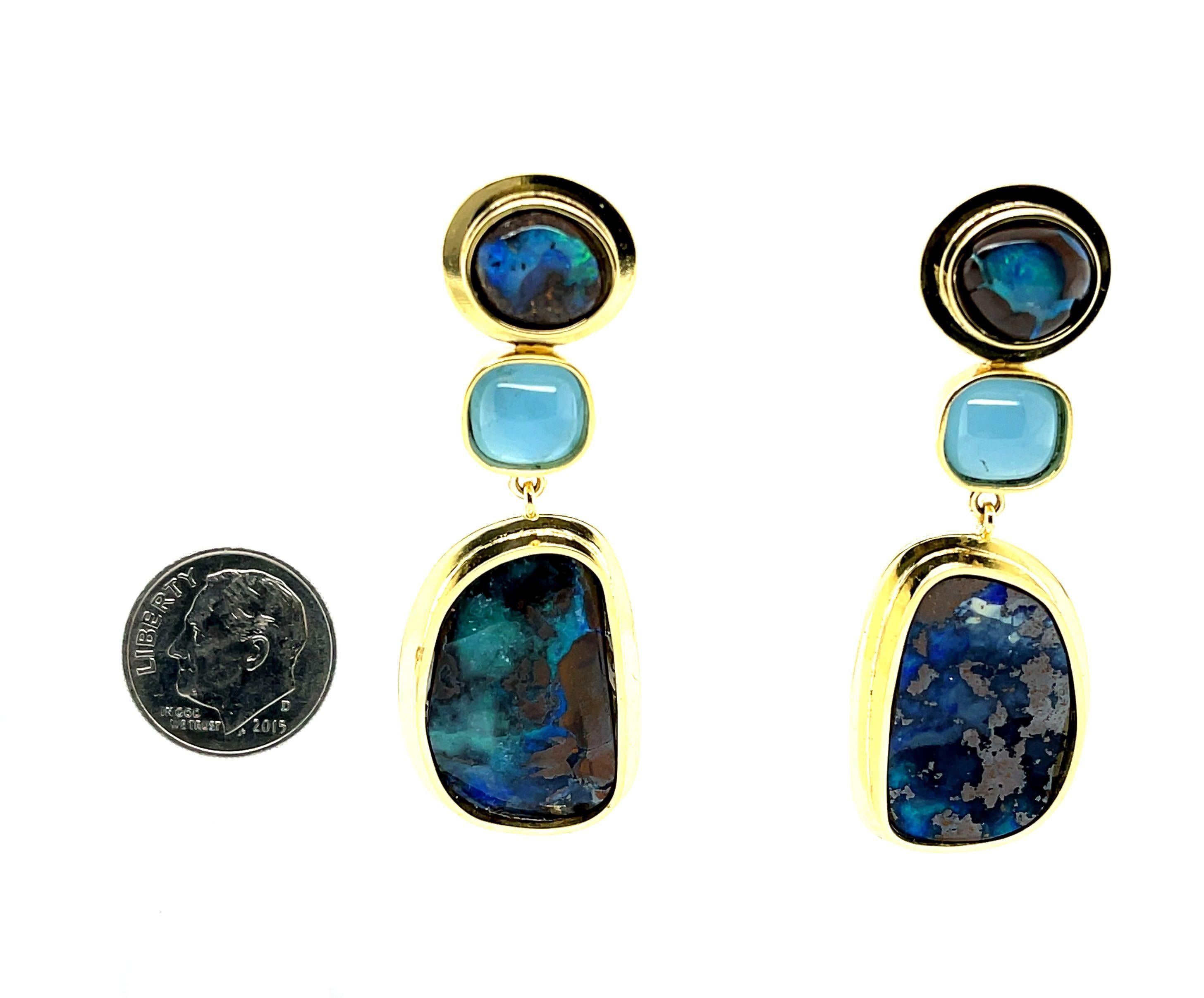 Boulder Opal and Aquamarine Bezel Set Dangle Earrings in Yellow Gold 1