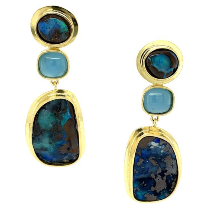Boulder Opal and Aquamarine Bezel Set Dangle Earrings in Yellow Gold