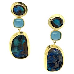 Boulder Opal and Aquamarine Bezel Set Dangle Earrings in Yellow Gold