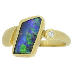 Used Boulder Opal and Diamond Abstract Ring