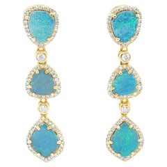 Boucles d'oreilles pendantes en or jaune 14k avec opale de Boulder et diamants