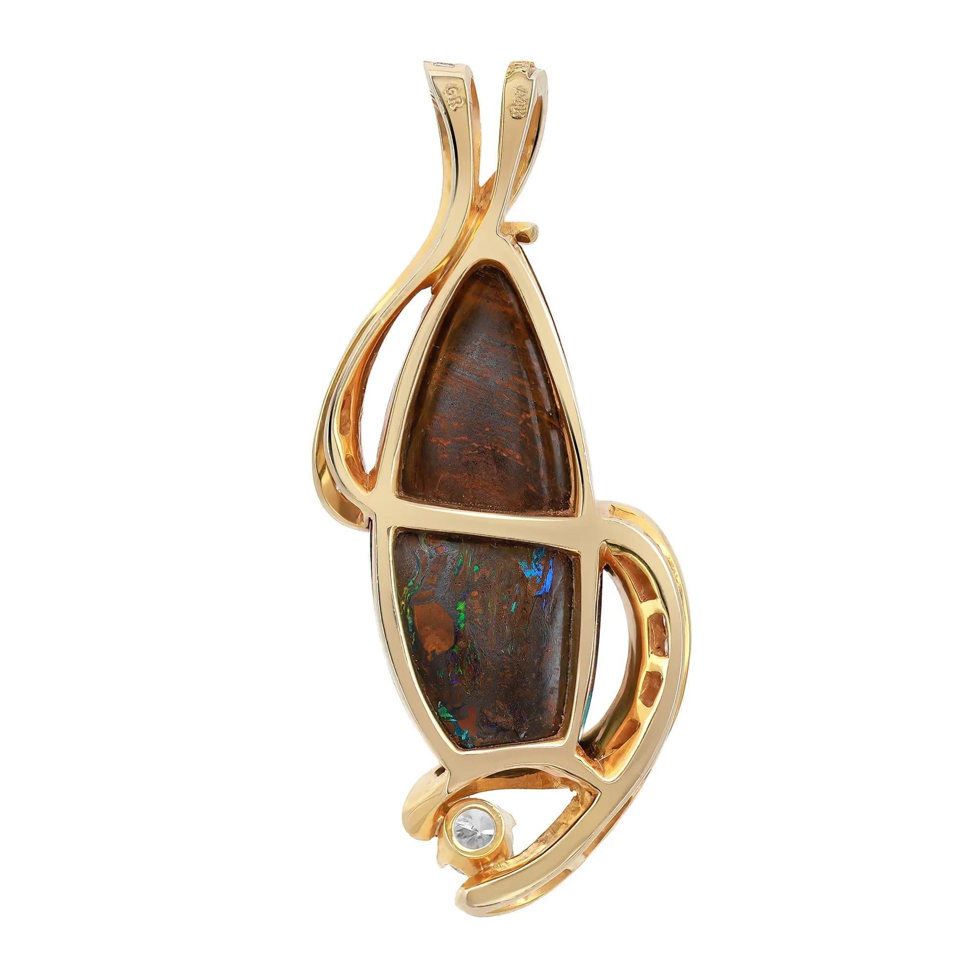 Moderne Pendentif long en or jaune 14K avec opale Boulder et diamant 0.85Cttw en vente