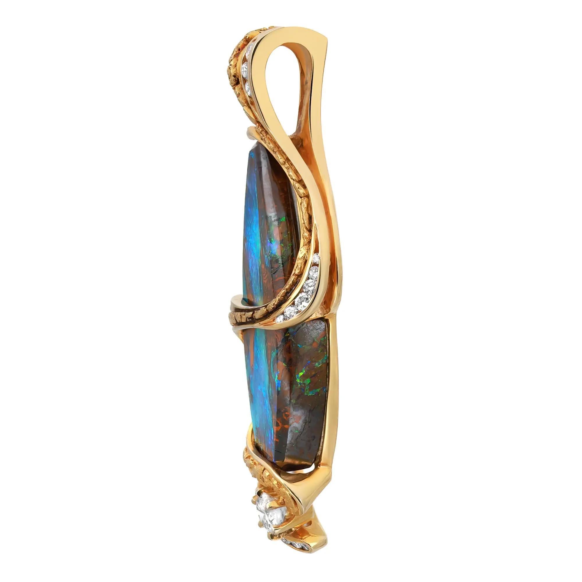 Taille ronde Pendentif long en or jaune 14K avec opale Boulder et diamant 0.85Cttw en vente