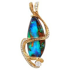 Ciondolo lungo Boulder Opale e Diamante in oro giallo 14K 0,85Cttw