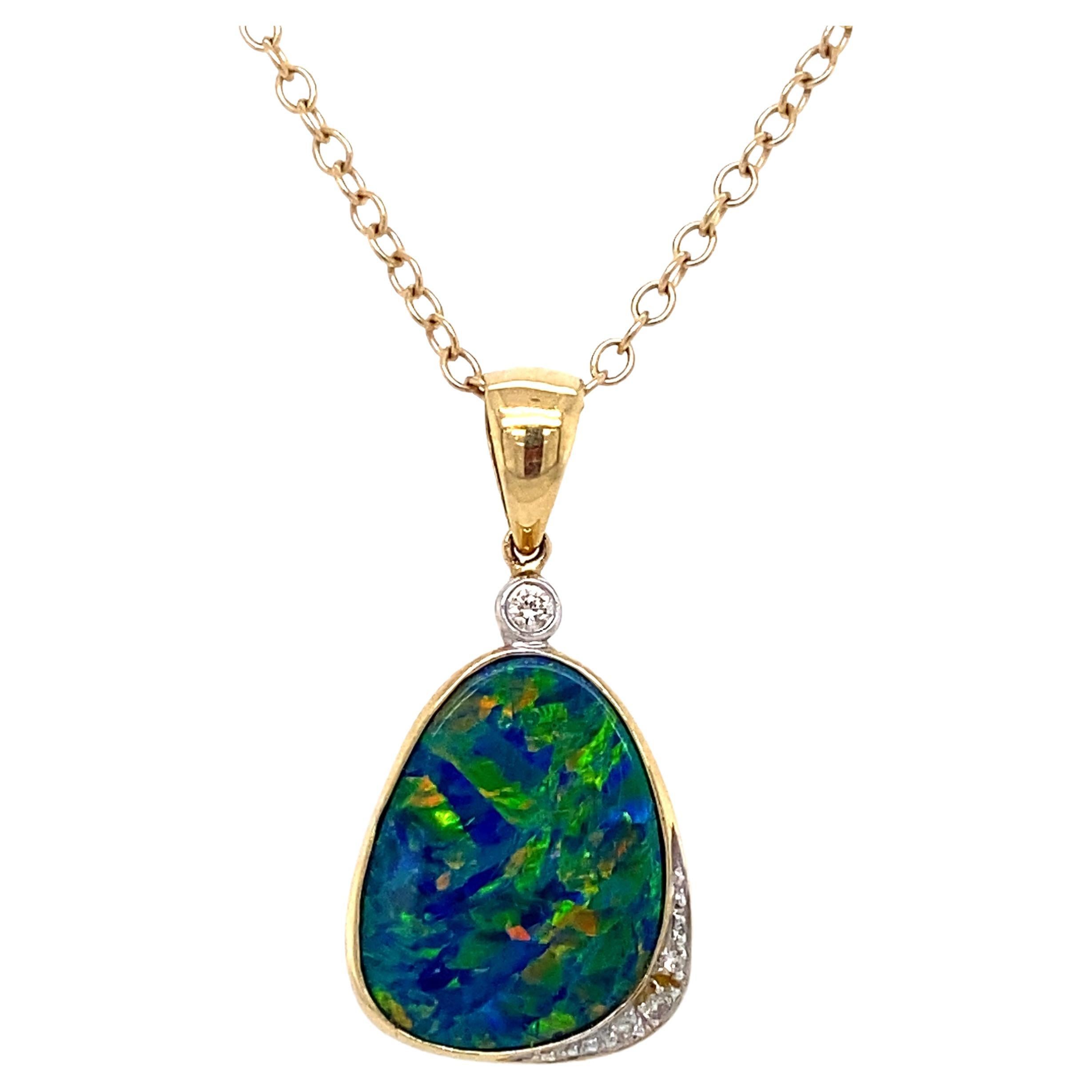 Boulder Opal and Diamond Pendant in 18 Karat Gold For Sale