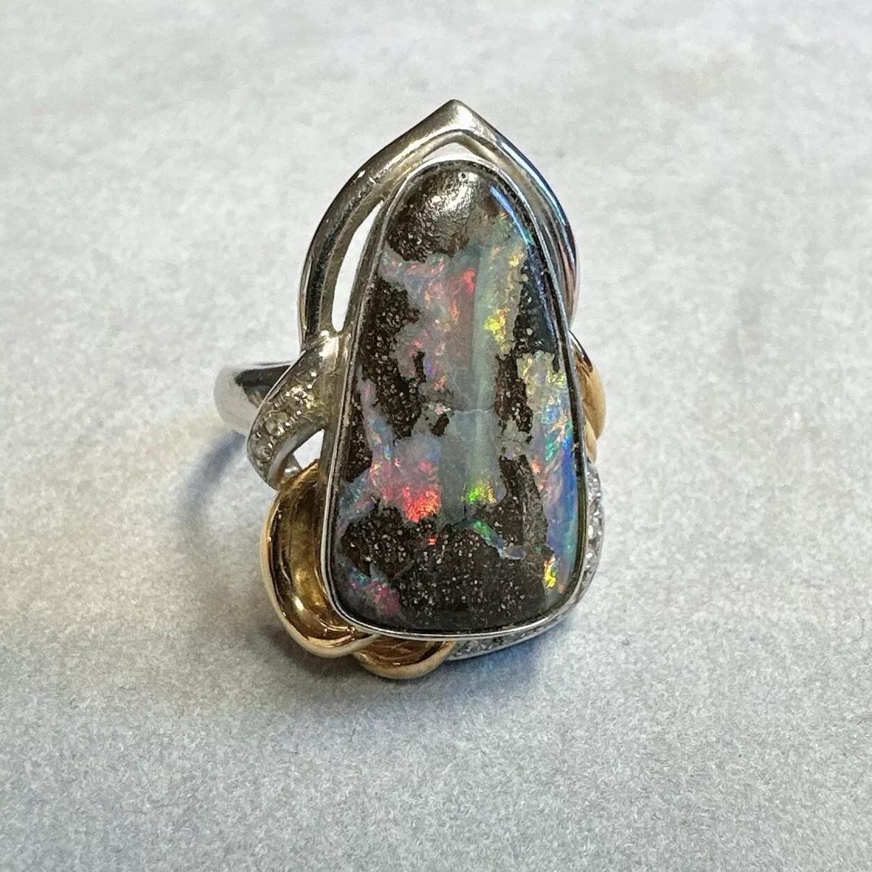 Tumbled Boulder Opal and Diamond Ring in 18k Yellow Gold and Platinum For Sale