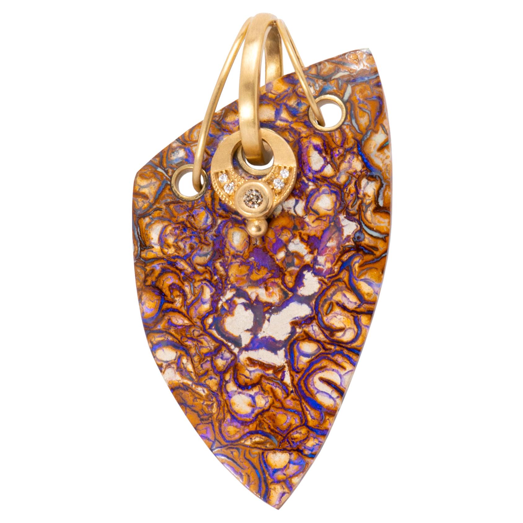 Boulder Opal and Eclipse Diamond Pendant in 18 Karat Gold For Sale