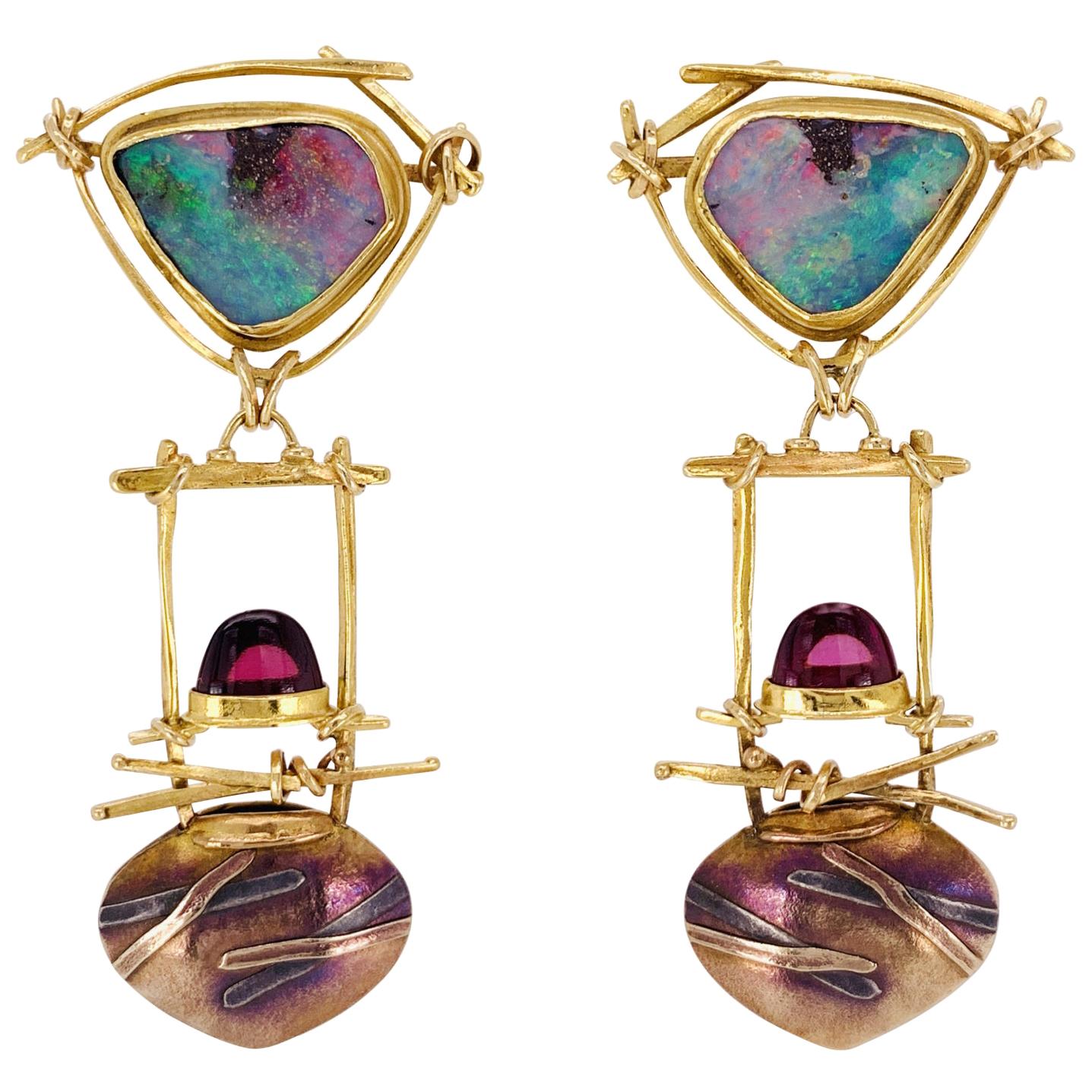 Boulder Opal and Garnet Earrings by Carolyn Morris Bach