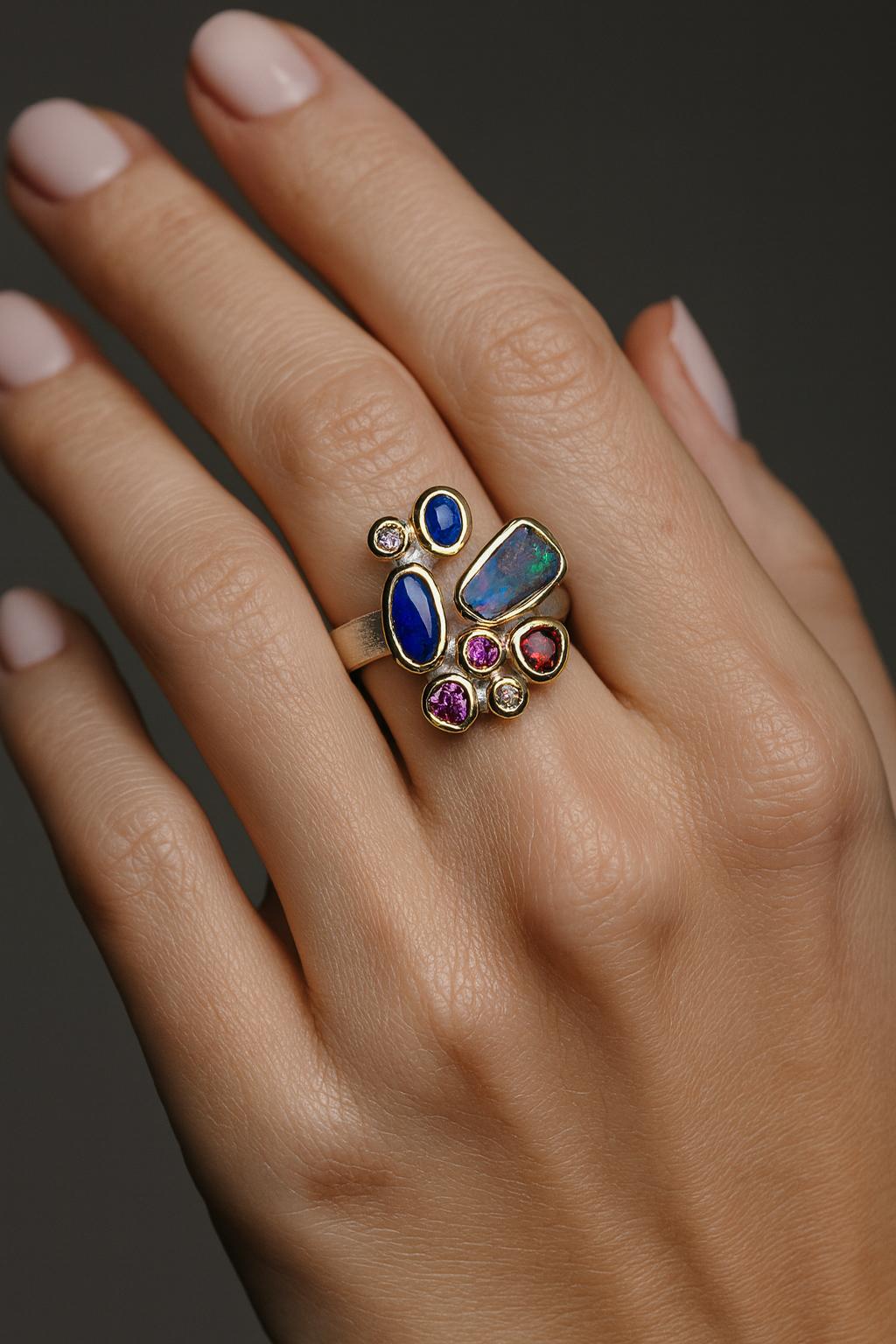 Ring aus Silber mit Boulder Opal und kostbarem Opal in vergoldeter Fassung und Saphir (Kunsthandwerker*in) im Angebot