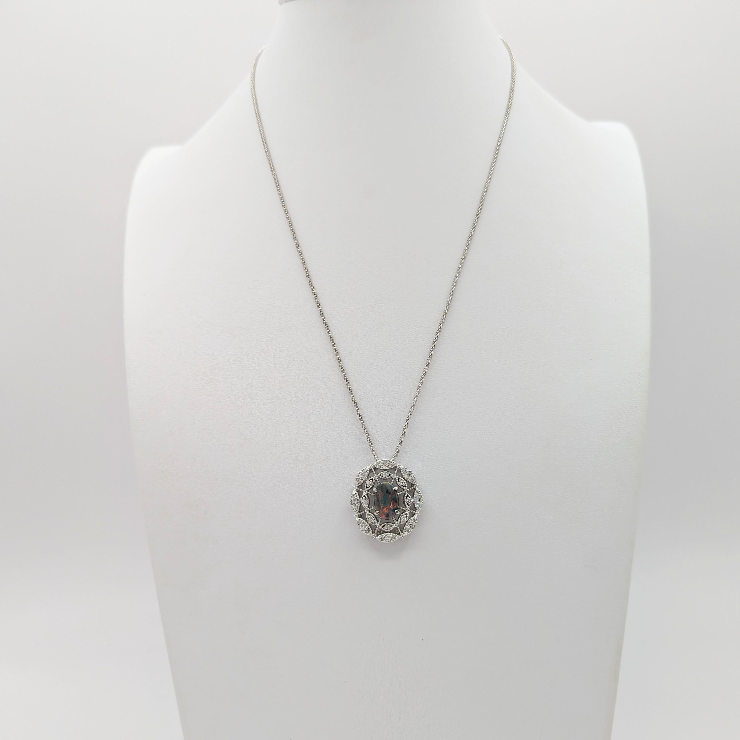 Boulder Opal and White Diamond Pendant Necklace in 18K White Gold In New Condition For Sale In Los Angeles, CA