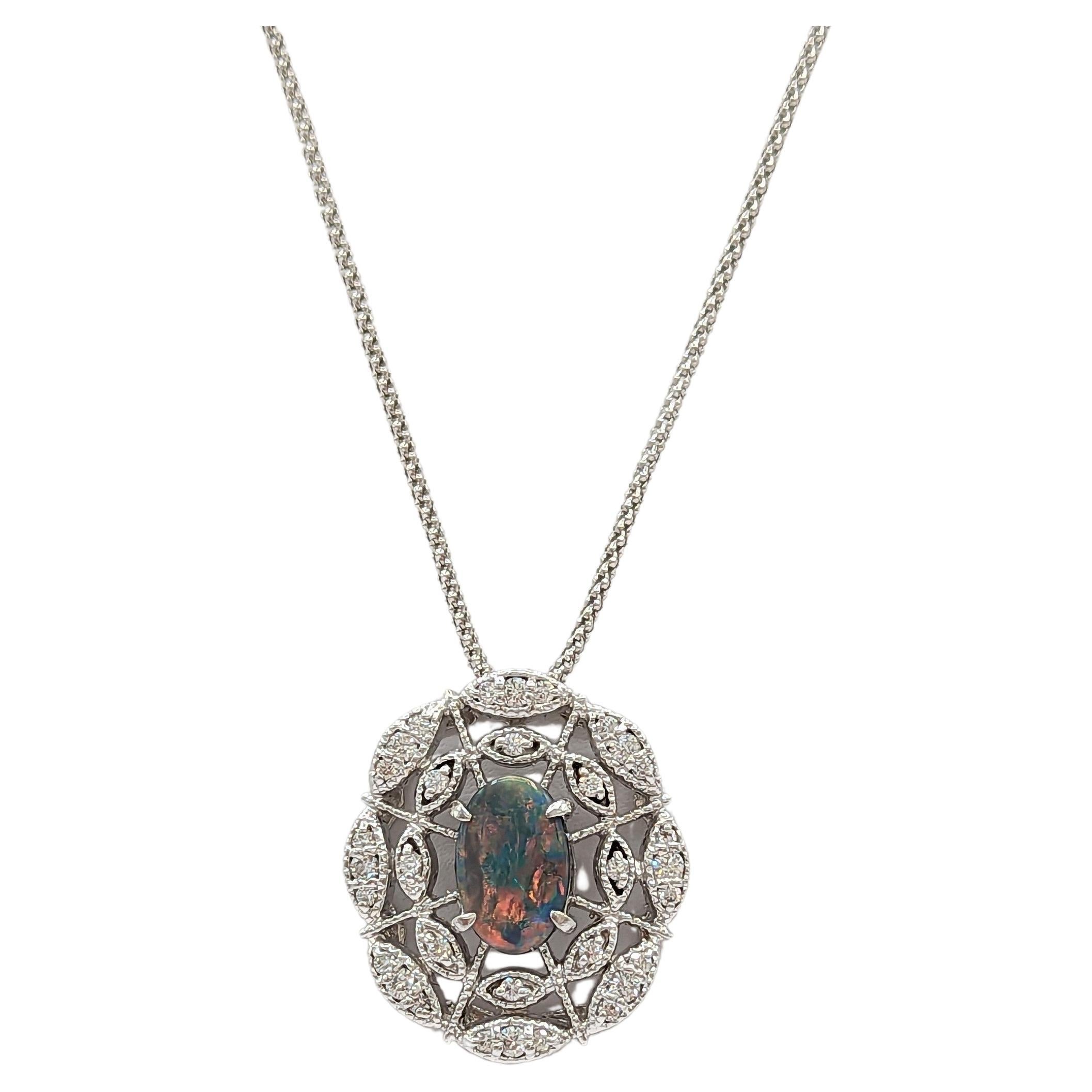 Boulder Opal and White Diamond Pendant Necklace in 18K White Gold