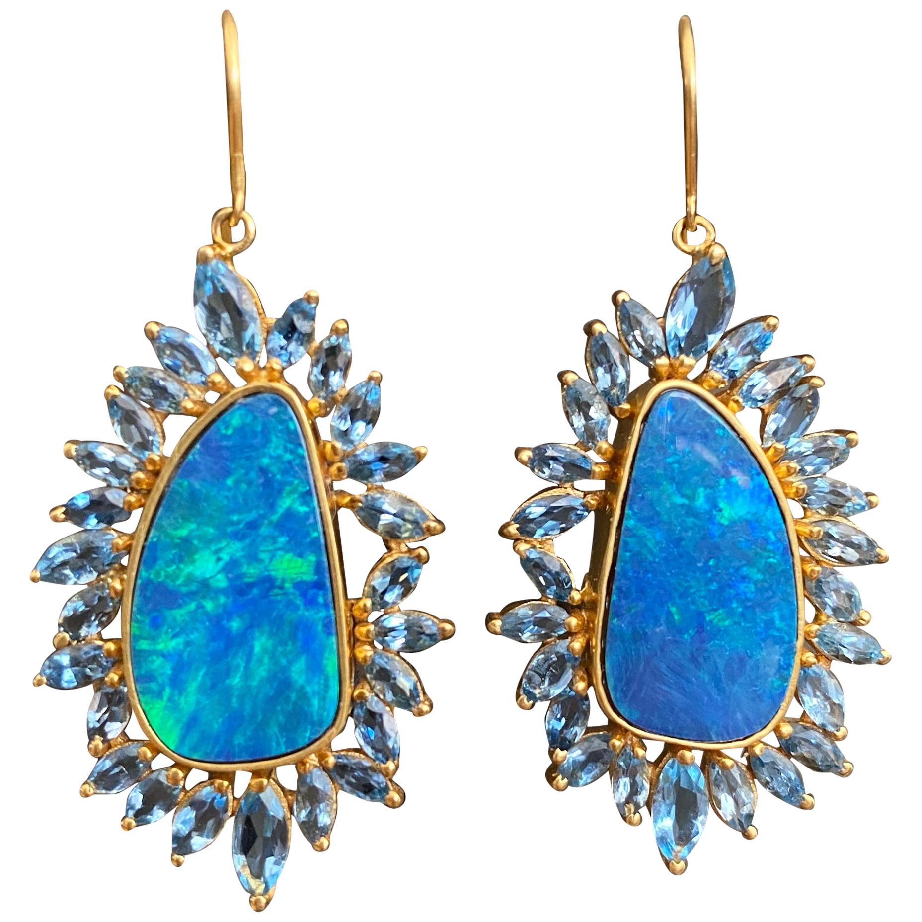 Boulder Opal, Aquamarine, 18 Karat Gold Earrings by Lauren Harper