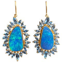 Boulder Opal, Aquamarine, 18 Karat Gold Earrings by Lauren Harper