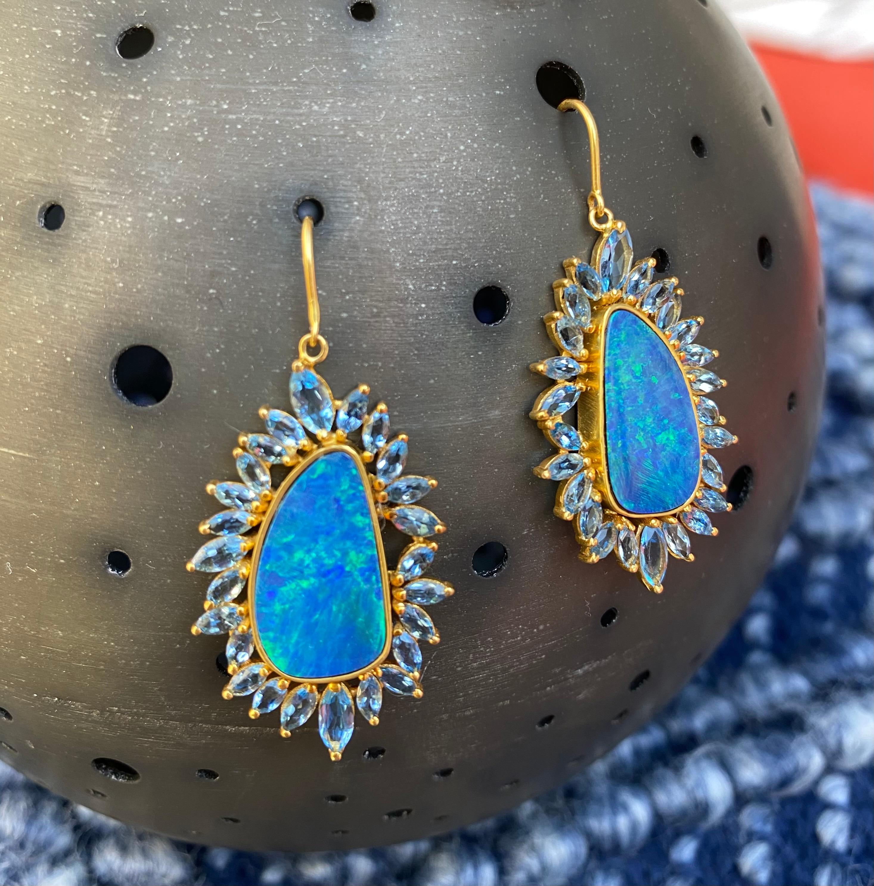 Boulder Opal, Aquamarine, 18 Karat Gold Earrings by Lauren Harper 4