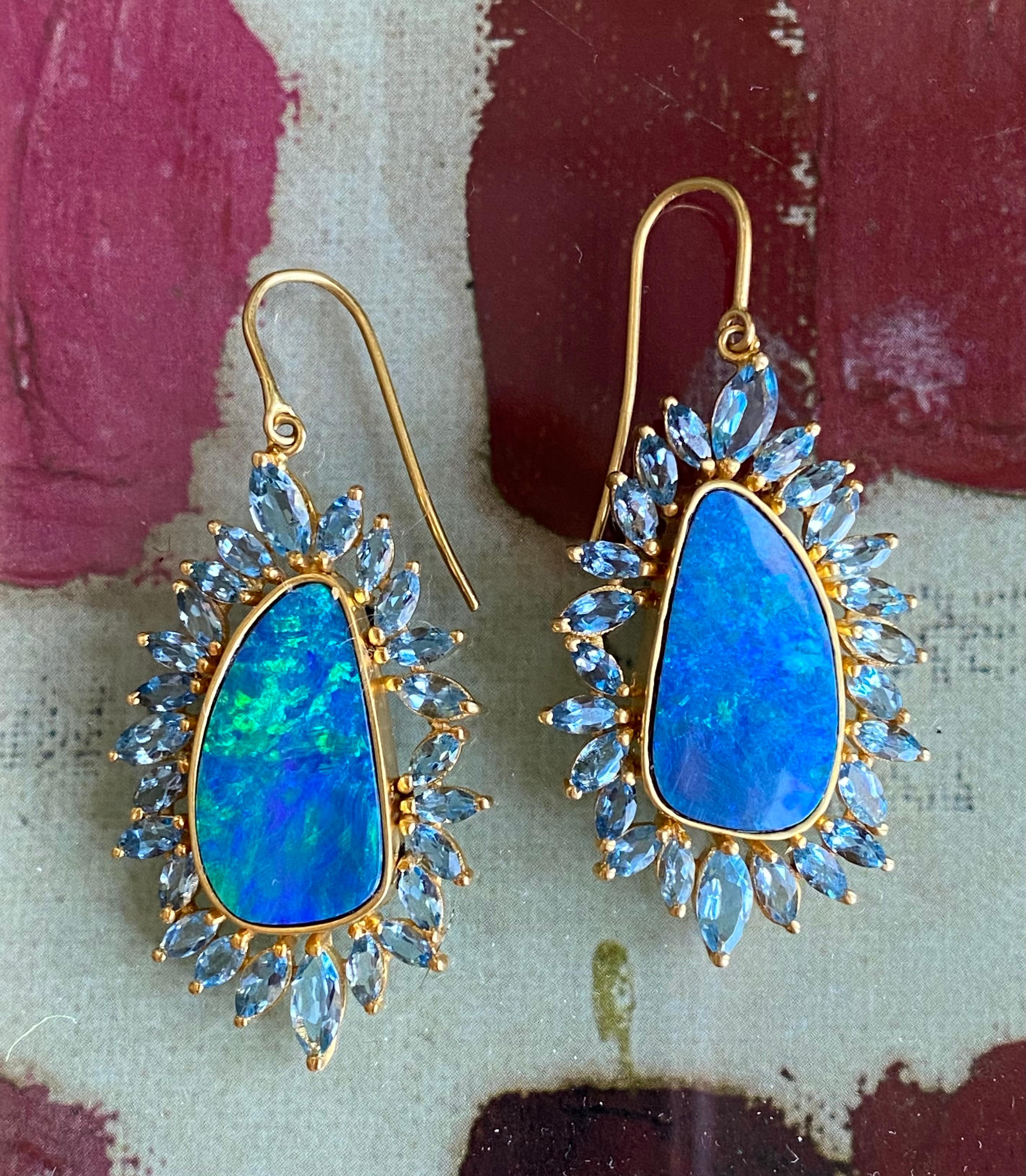 Boulder Opal, Aquamarine, 18 Karat Gold Earrings by Lauren Harper 5