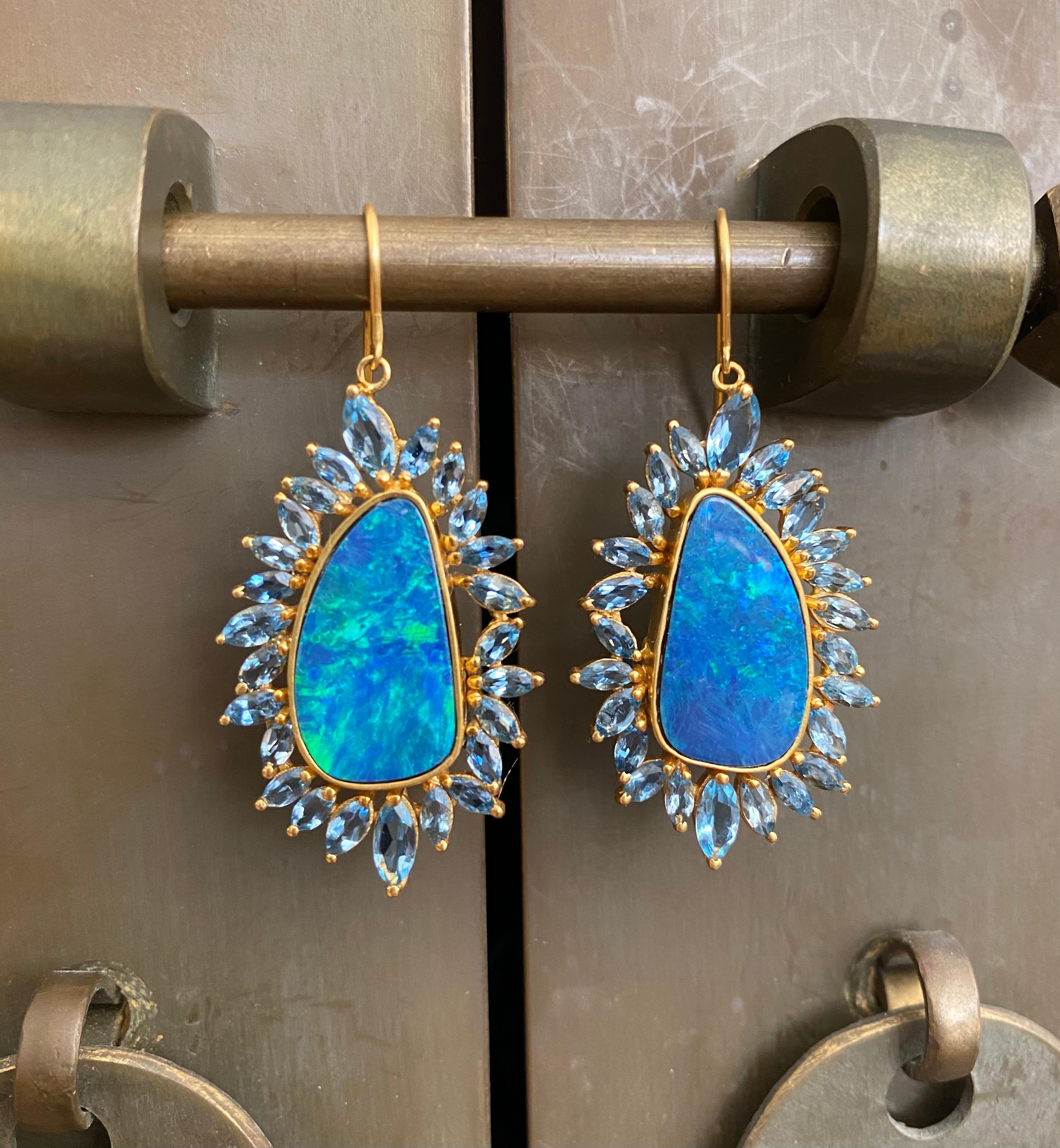 Boulder Opal, Aquamarine, 18 Karat Gold Earrings by Lauren Harper 6