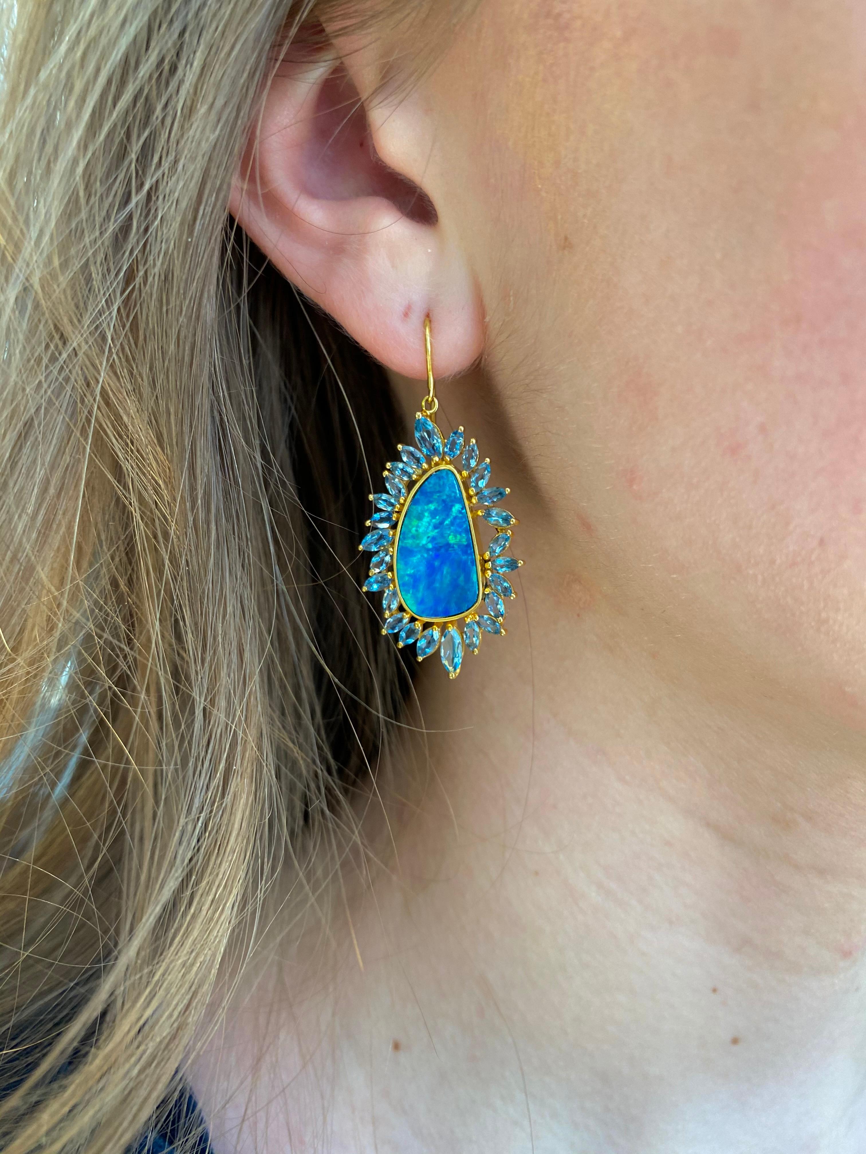 Artisan Boulder Opal, Aquamarine, 18 Karat Gold Earrings by Lauren Harper