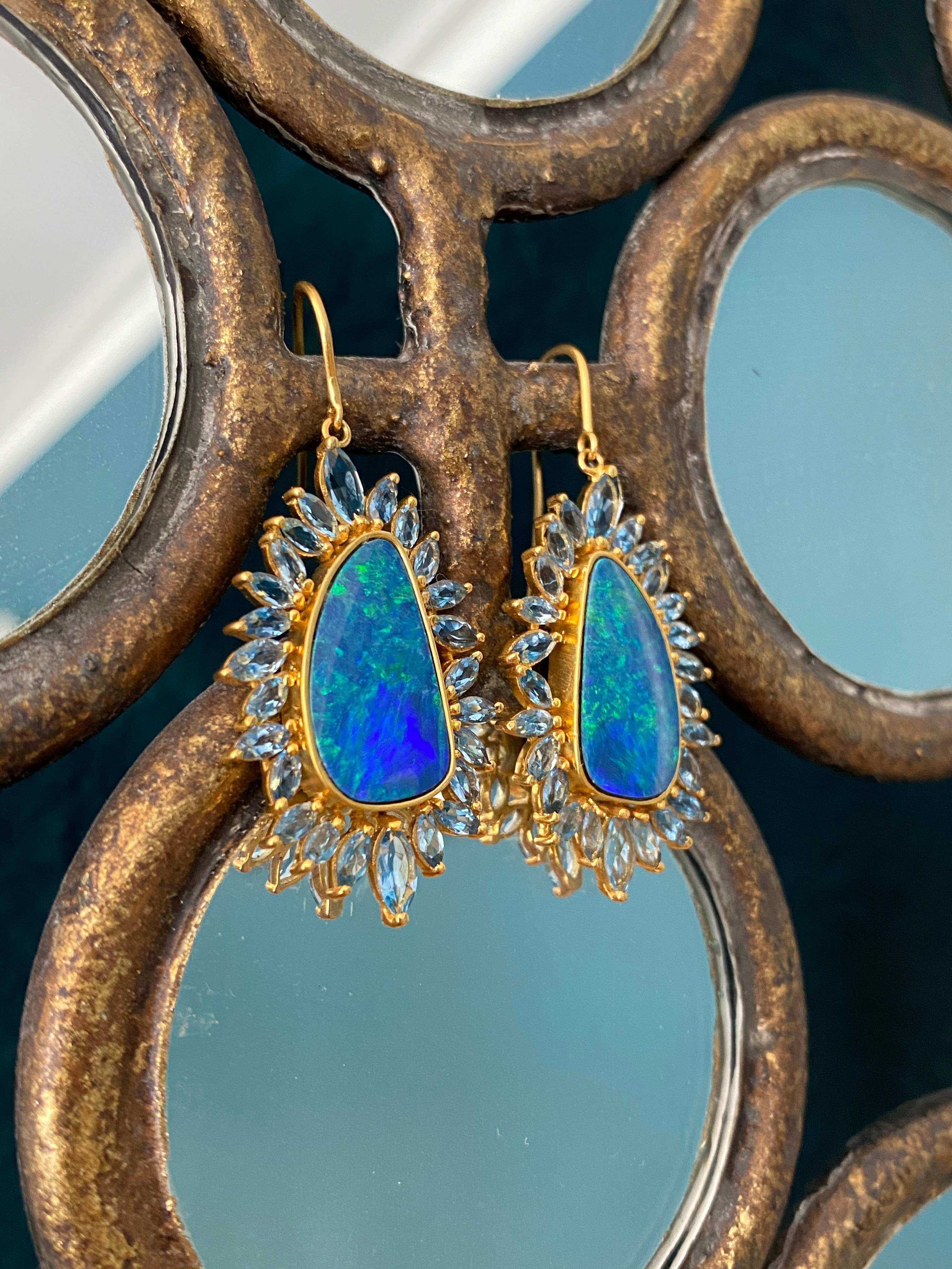 Women's Boulder Opal, Aquamarine, 18 Karat Gold Earrings by Lauren Harper
