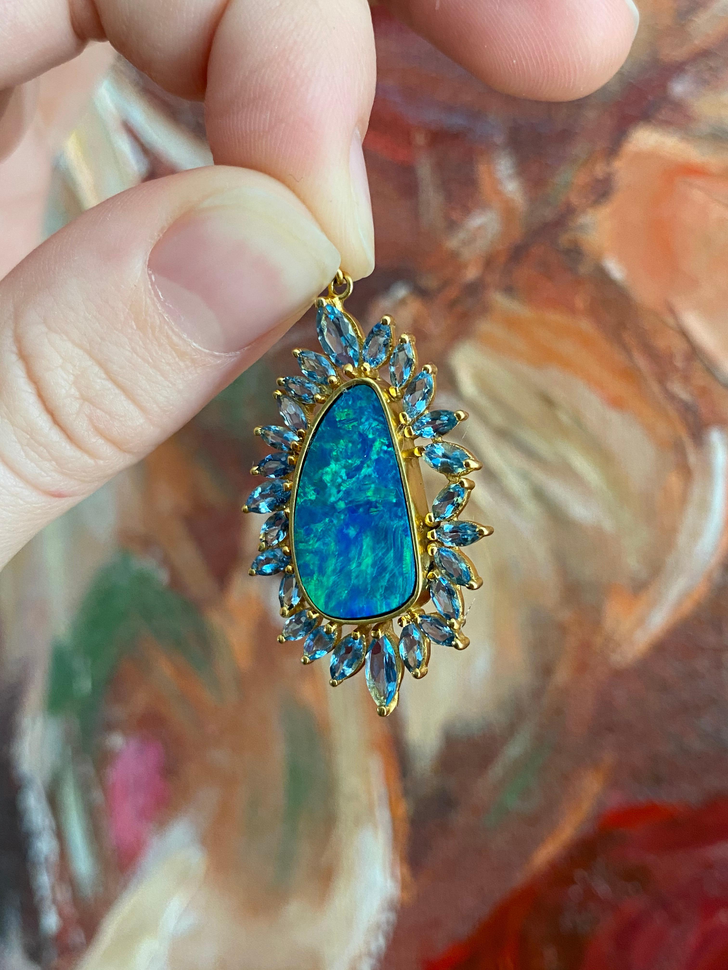 Boulder Opal, Aquamarine, 18 Karat Gold Earrings by Lauren Harper 1