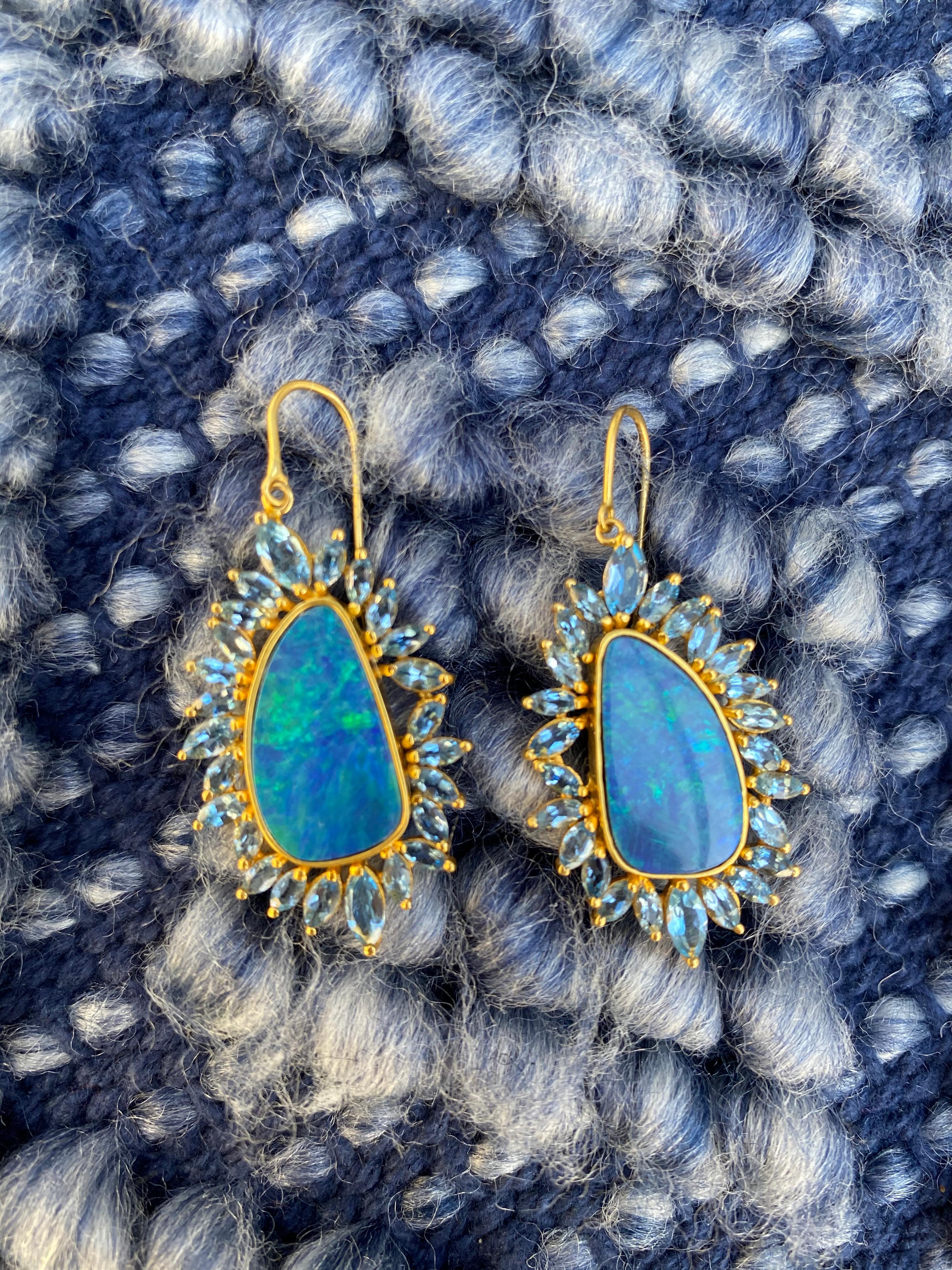 Boulder Opal, Aquamarine, 18 Karat Gold Earrings by Lauren Harper 3