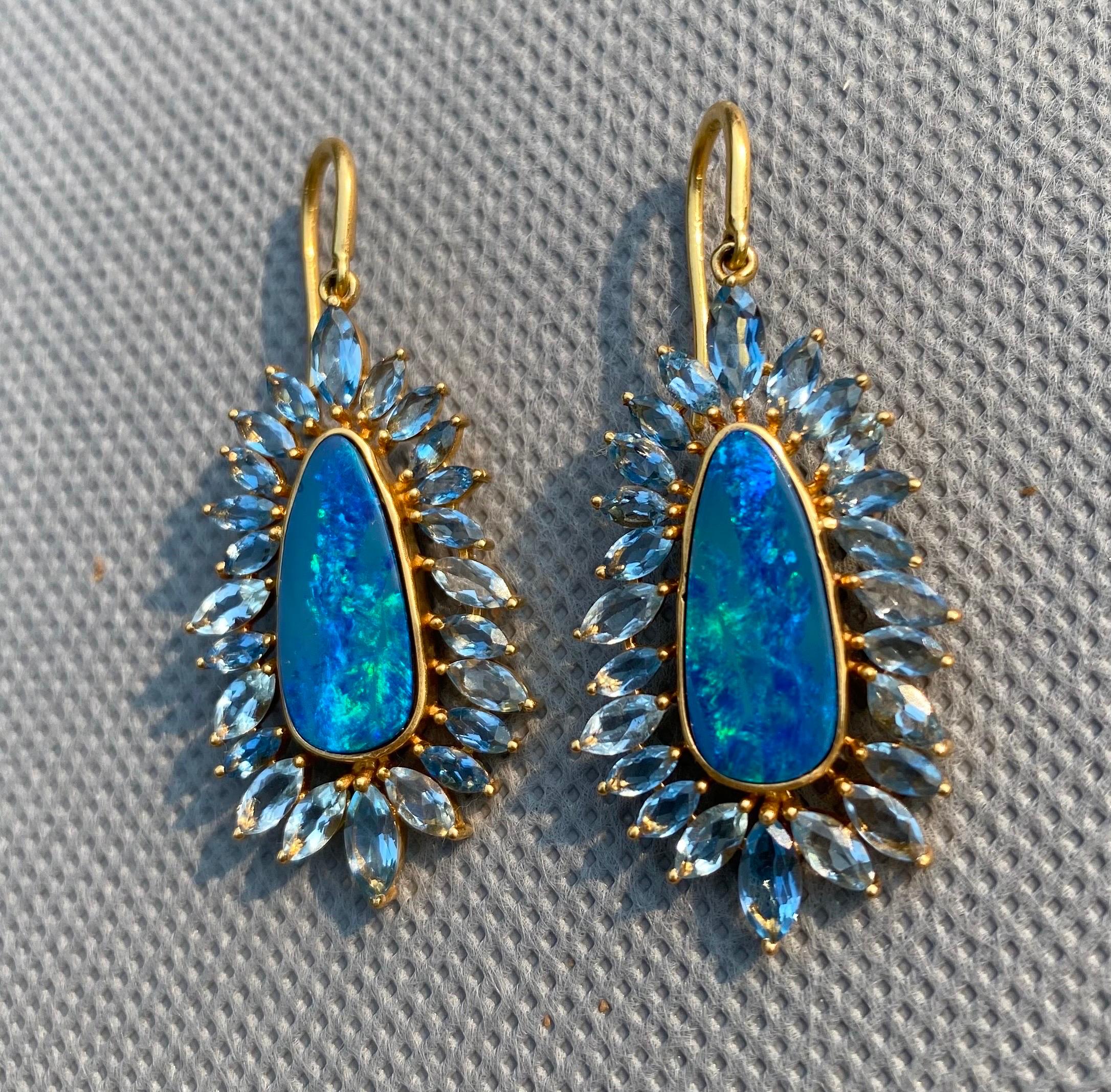 Boulder Opal, Aquamarine and 18kt Gold Earrings by Lauren Harper In New Condition For Sale In Winnetka, IL
