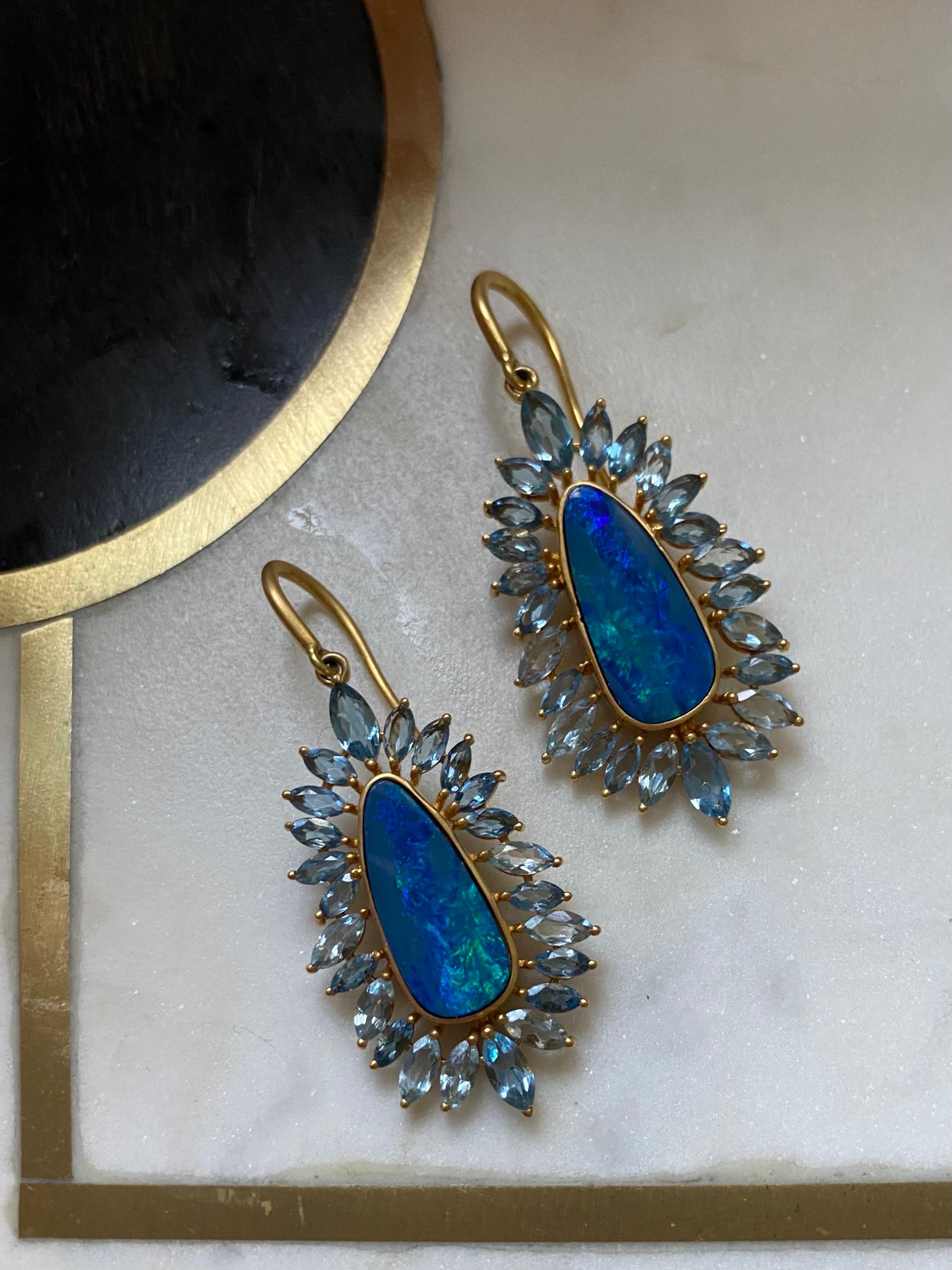 Boulder Opal, Aquamarine and 18kt Gold Earrings by Lauren Harper For Sale 1