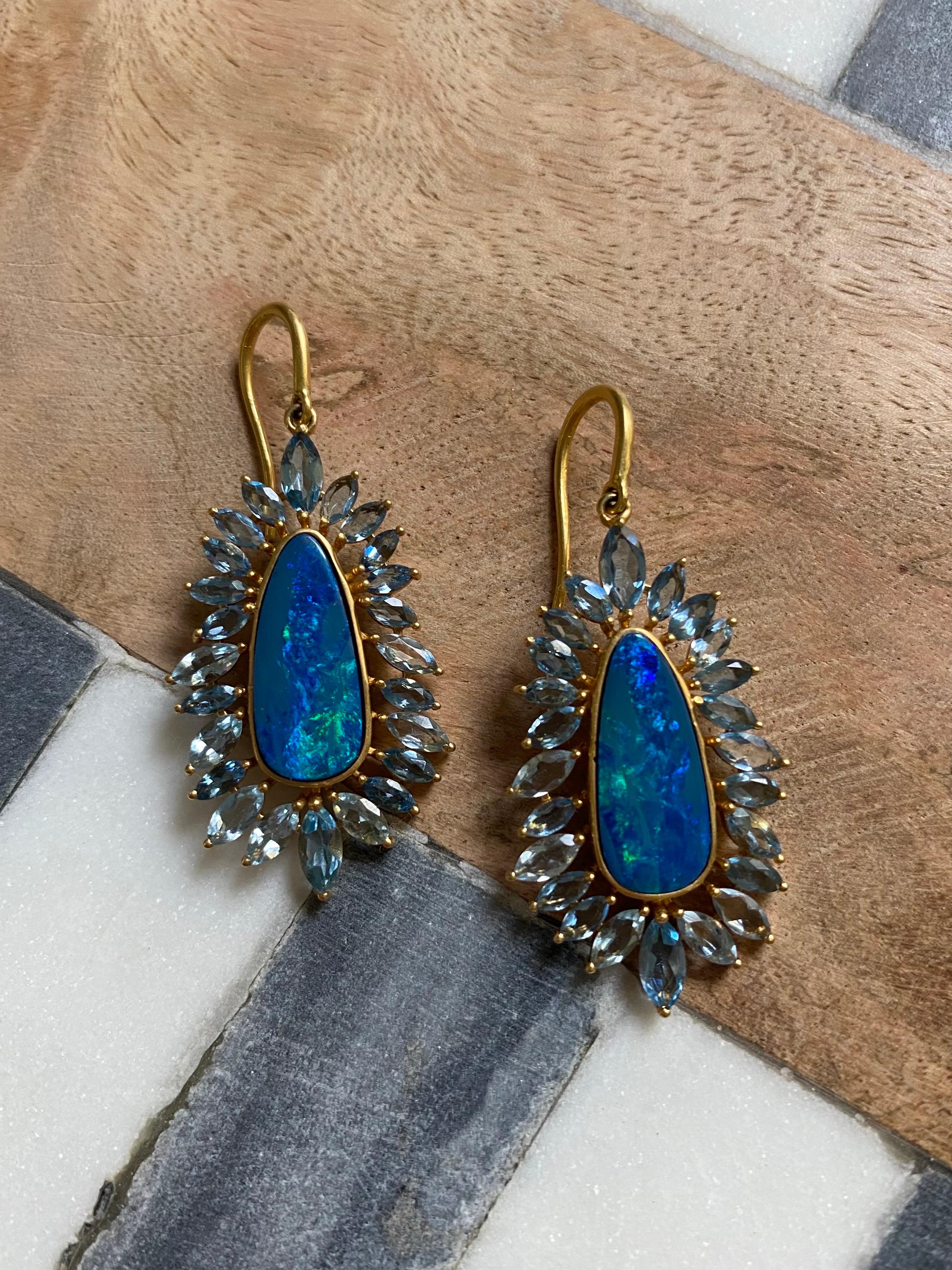 Boulder Opal, Aquamarine and 18kt Gold Earrings by Lauren Harper For Sale 2