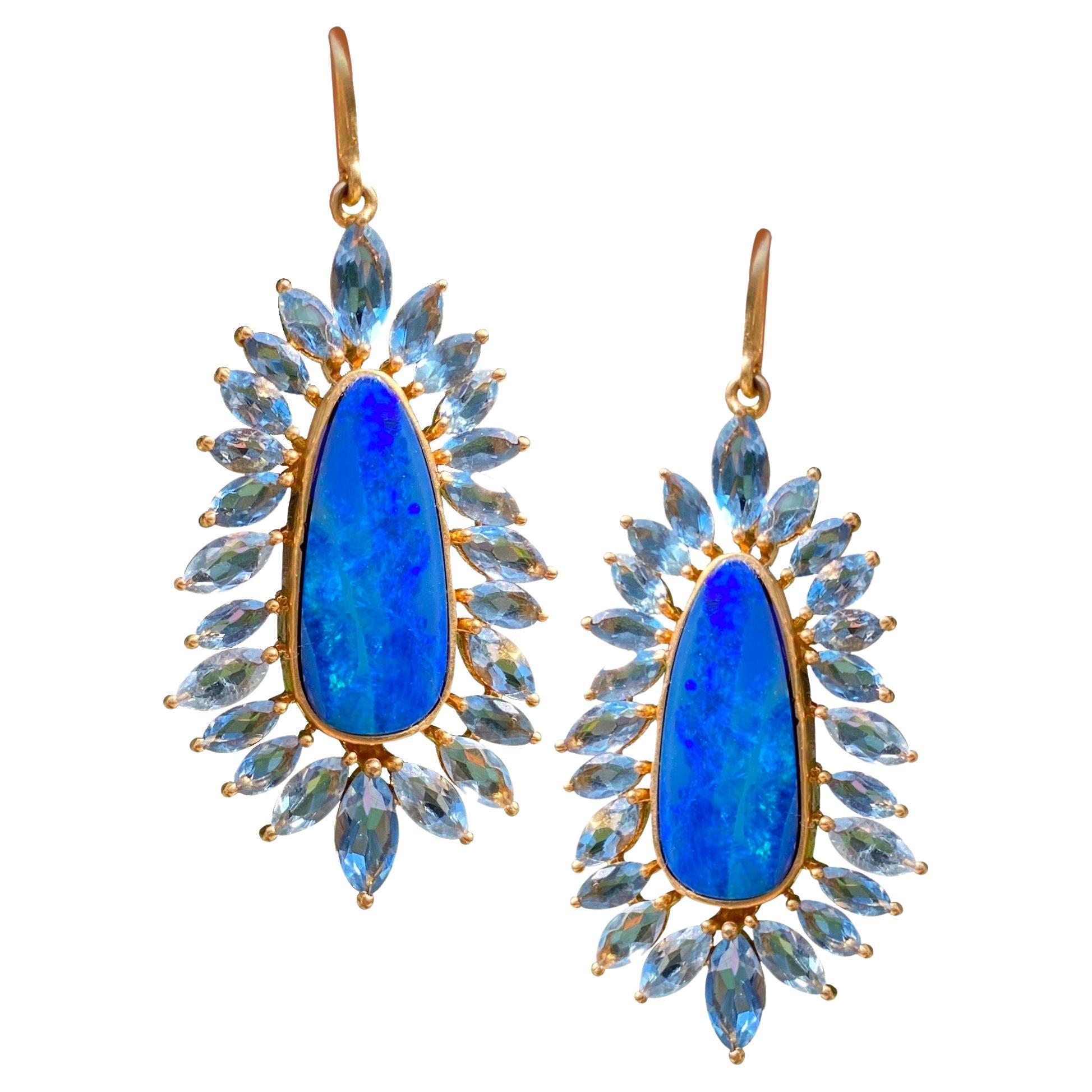 Boulder Opal, Aquamarine and 18kt Gold Earrings by Lauren Harper