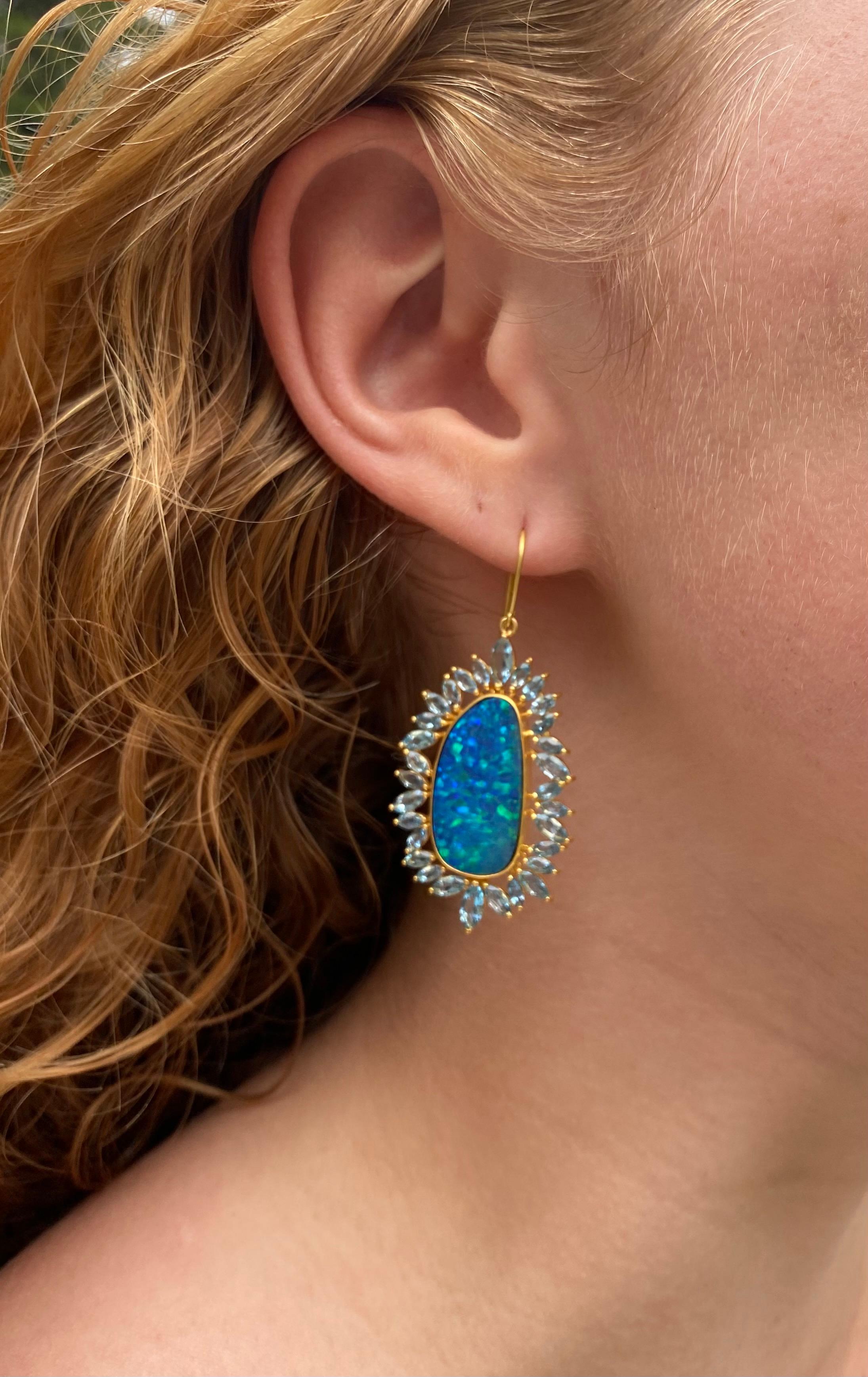Designed by award winning jewelry designer Lauren Harper, these Boulder Opal and Aquamarine Earrings are a stunning new addition to the collection.  Made by hand in 18kt Gold in a matte finish. Lightweight enough for all day wear. Ships in beautiful