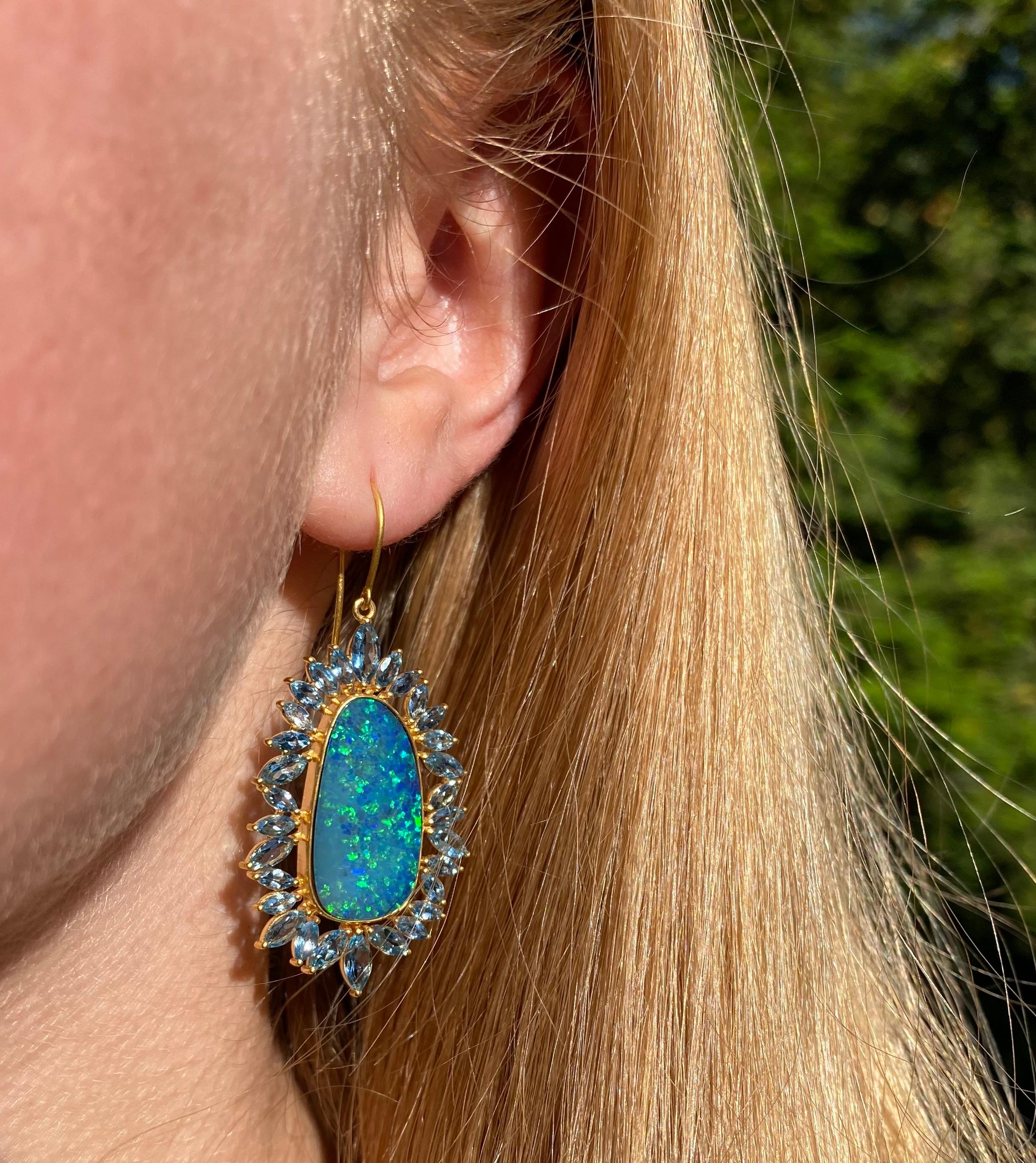 Artisan Boulder Opal, Aquamarine and 18kt Gold Lauren Harper Earrings