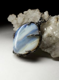 Boulder Opal black silver necklace Grey Blue Natural Australian Gemstone