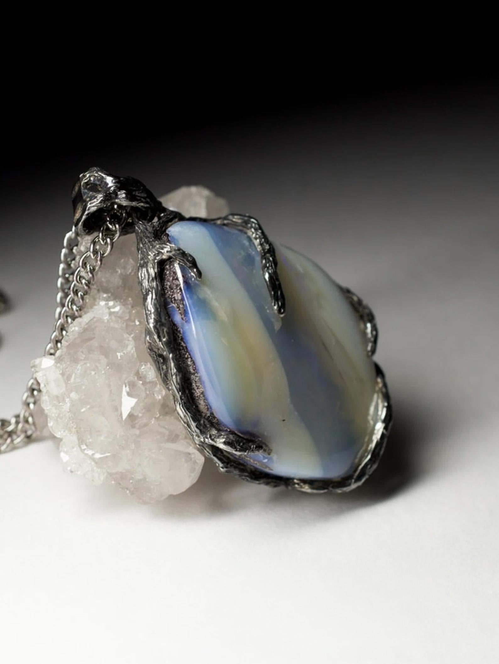 Artisan Boulder Opal black silver necklace Grey Blue Natural Australian Gemstone  For Sale