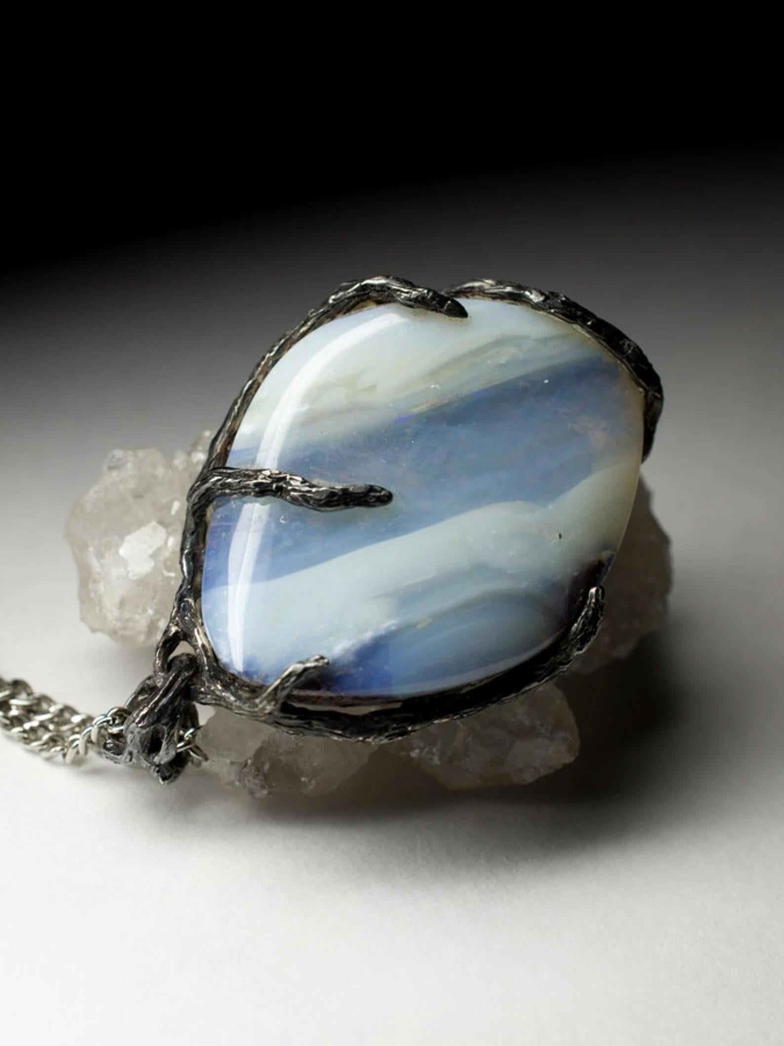 Oval Cut Boulder Opal black silver necklace Grey Blue Natural Australian Gemstone  For Sale