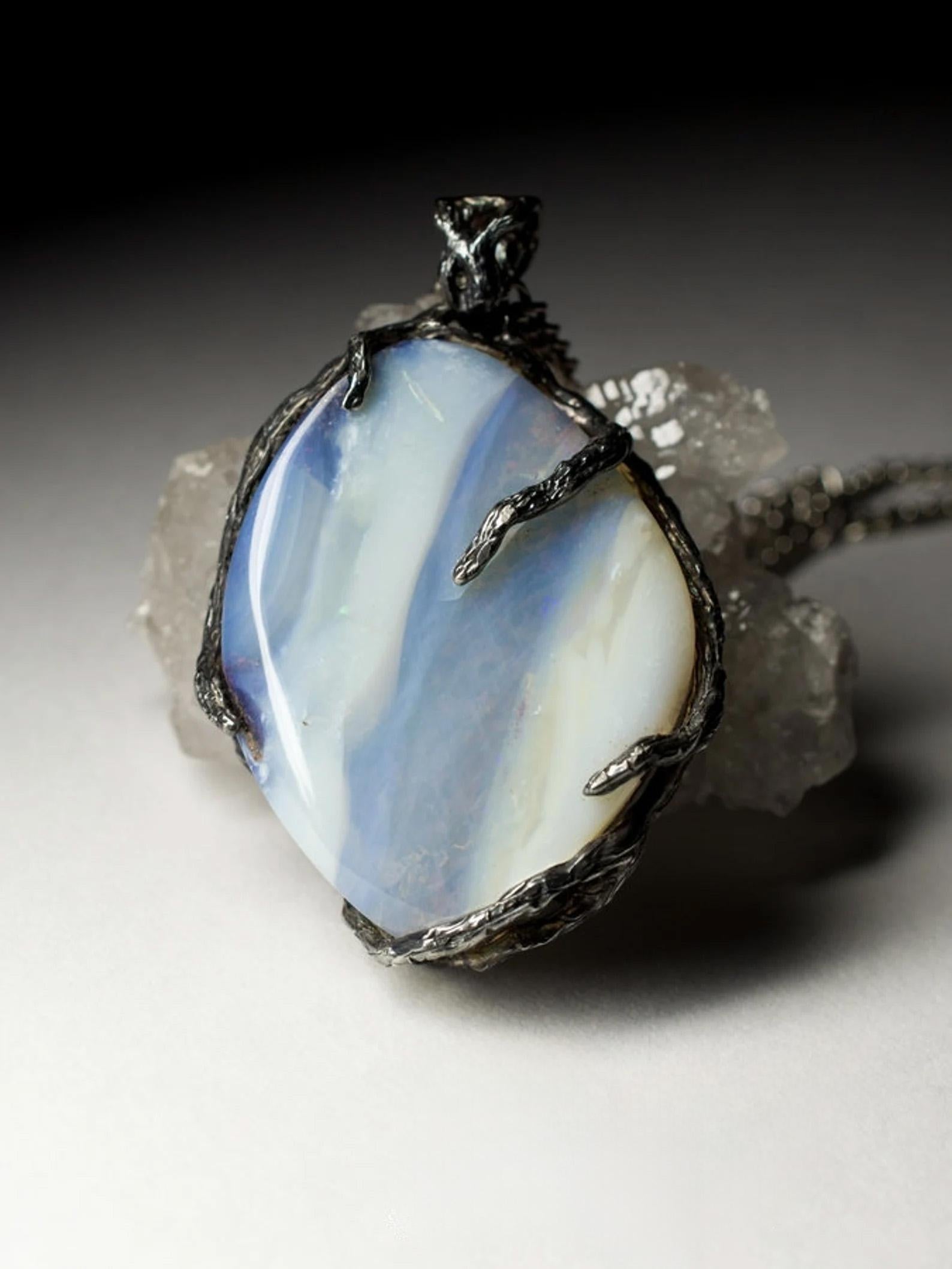 Boulder Opal black silver necklace Grey Blue Natural Australian Gemstone  In New Condition For Sale In Berlin, DE